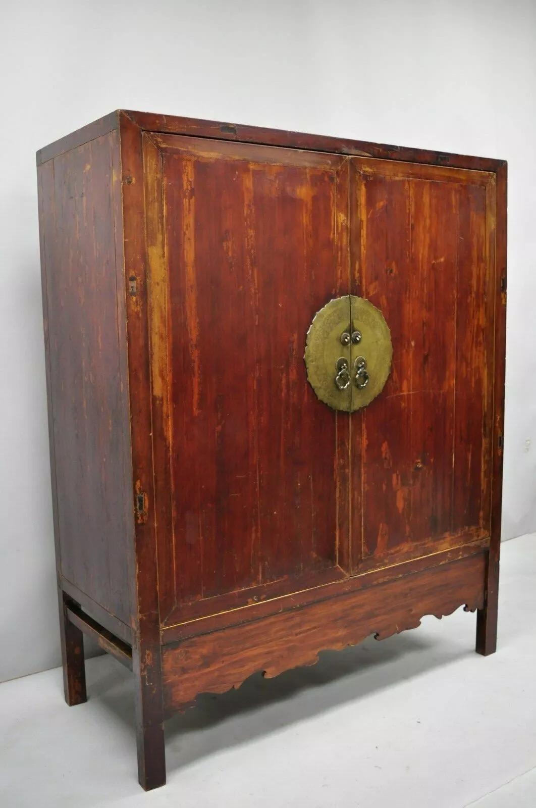Antique Asian Red Lacquer Oriental Chinese Marriage Wedding Cabinet Wardrobe 5