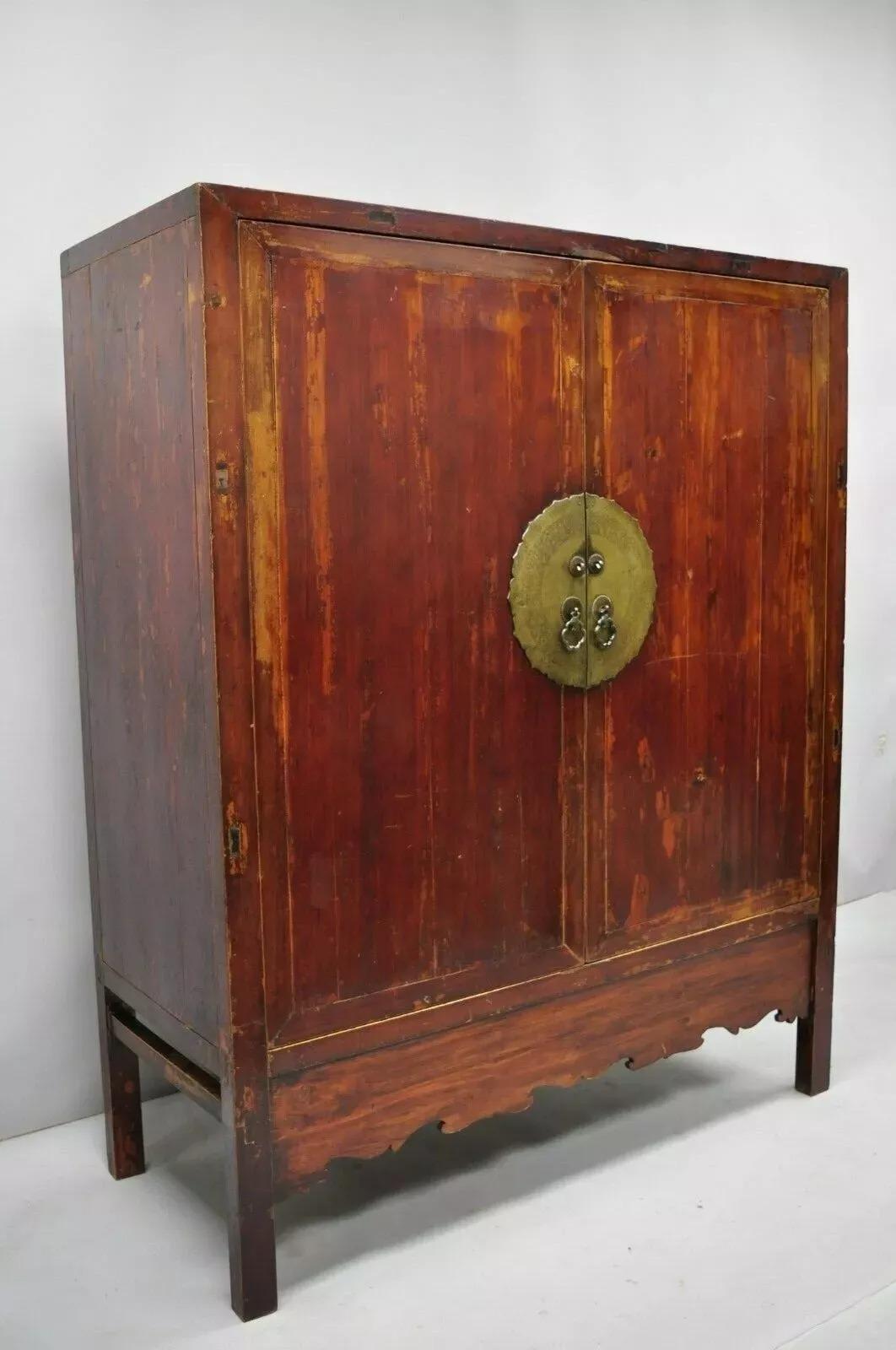 Antique Asian Red Lacquer Oriental Chinese Wedding Cabinet 2 Door Cupboard For Sale 5