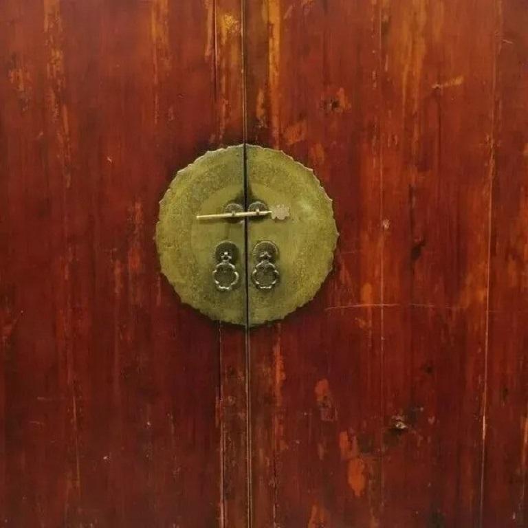Wood Antique Asian Red Lacquer Oriental Chinese Wedding Cabinet 2 Door Cupboard For Sale