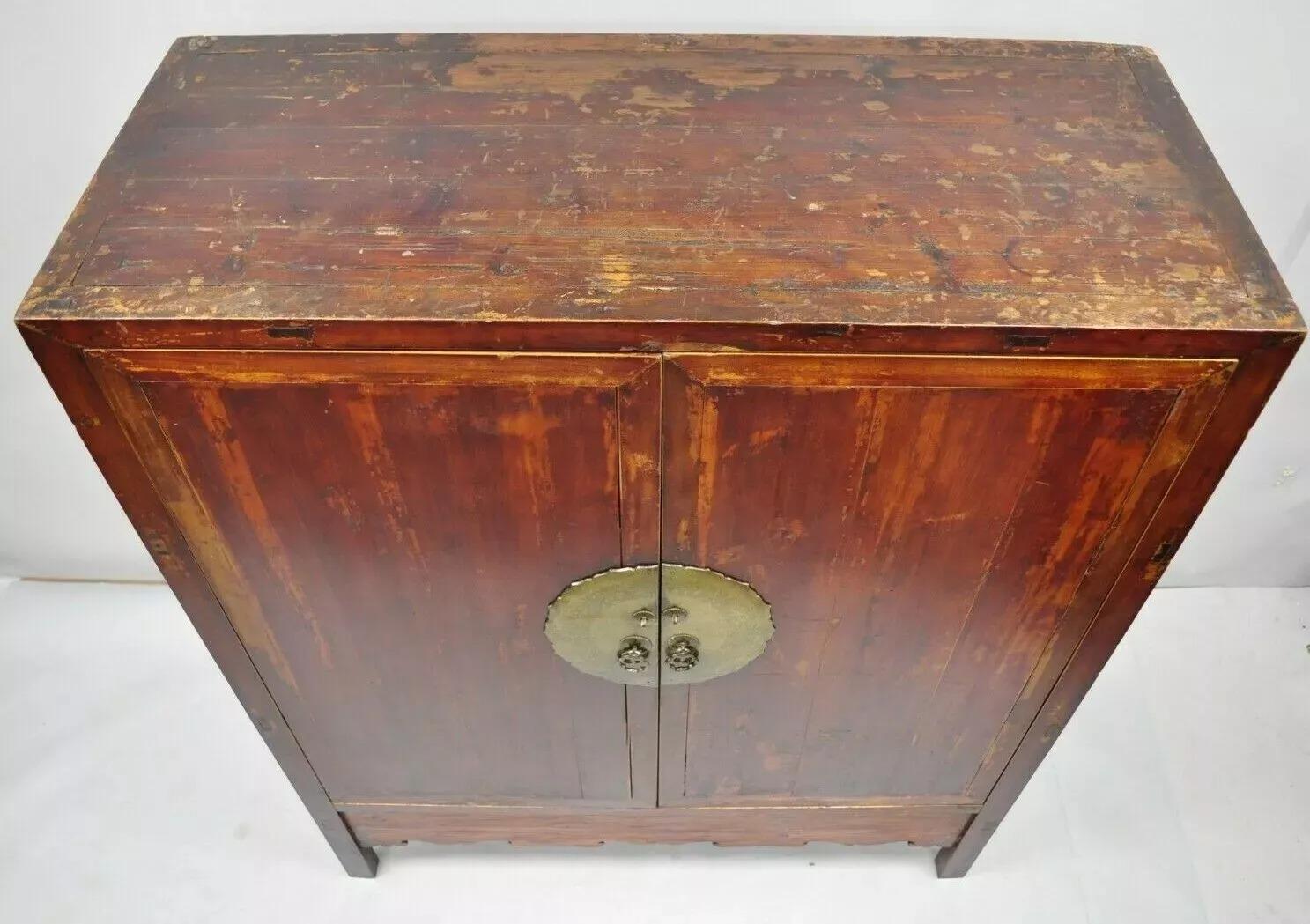 Antique Asian Red Lacquer Oriental Chinese Wedding Cabinet 2 Door Cupboard For Sale 2