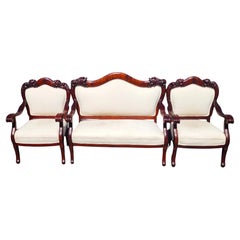 Antique Asian Rosewood Carved Foo Dogs Living Room Suite 3 Piece Settee 2 Chairs