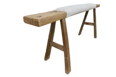 Antique Asian Shandong Elm Bench w/ Vintage French Natural Linen / One-of-a-Kind