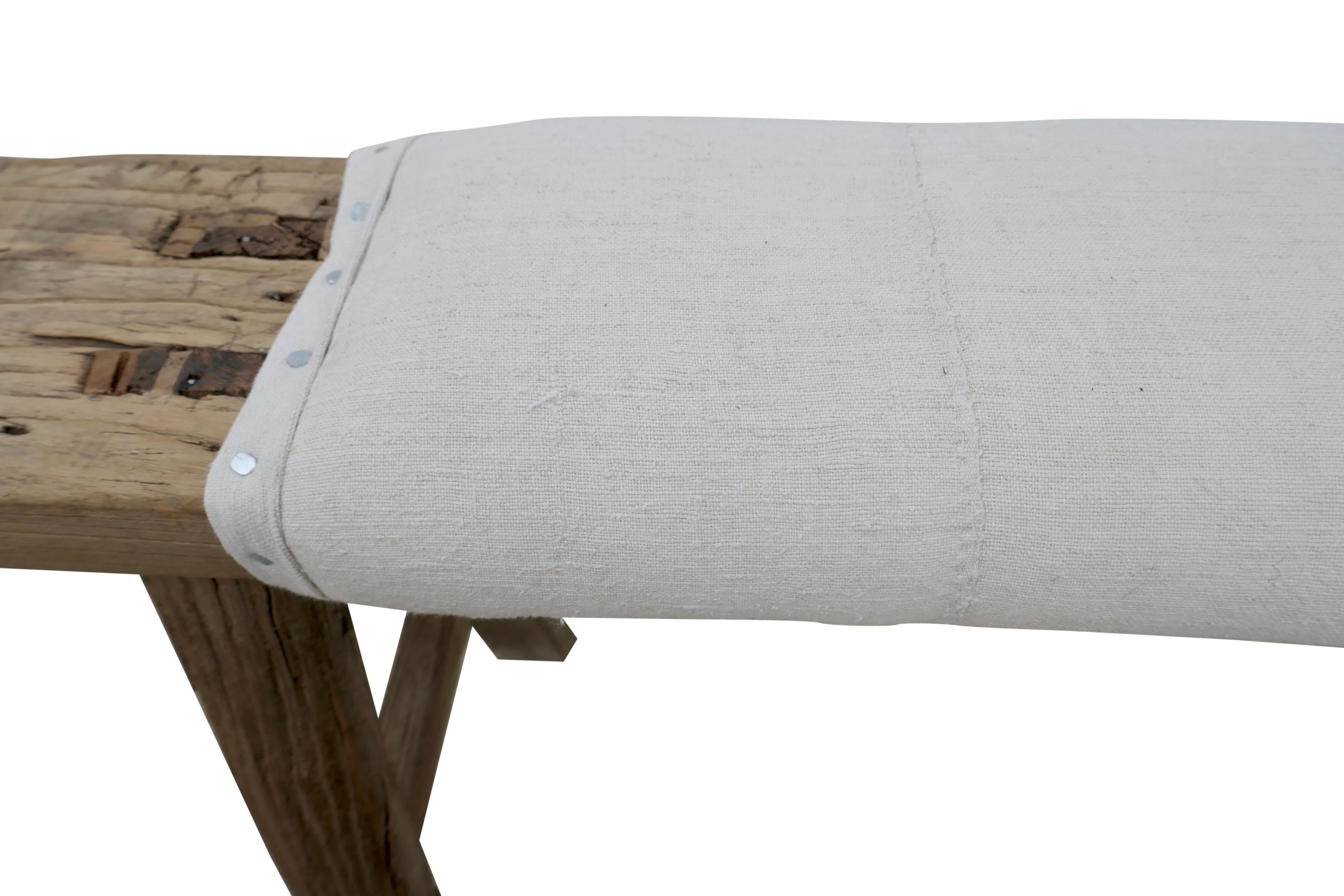 20th Century Antique Asian Shandong Elm Bench w/ Vintage French Natural Linen / One-of-a-Kind