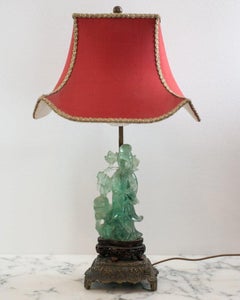 Antique Asian Small Carved Green Fluorite Lamp with Custom Red Pagoda Shade