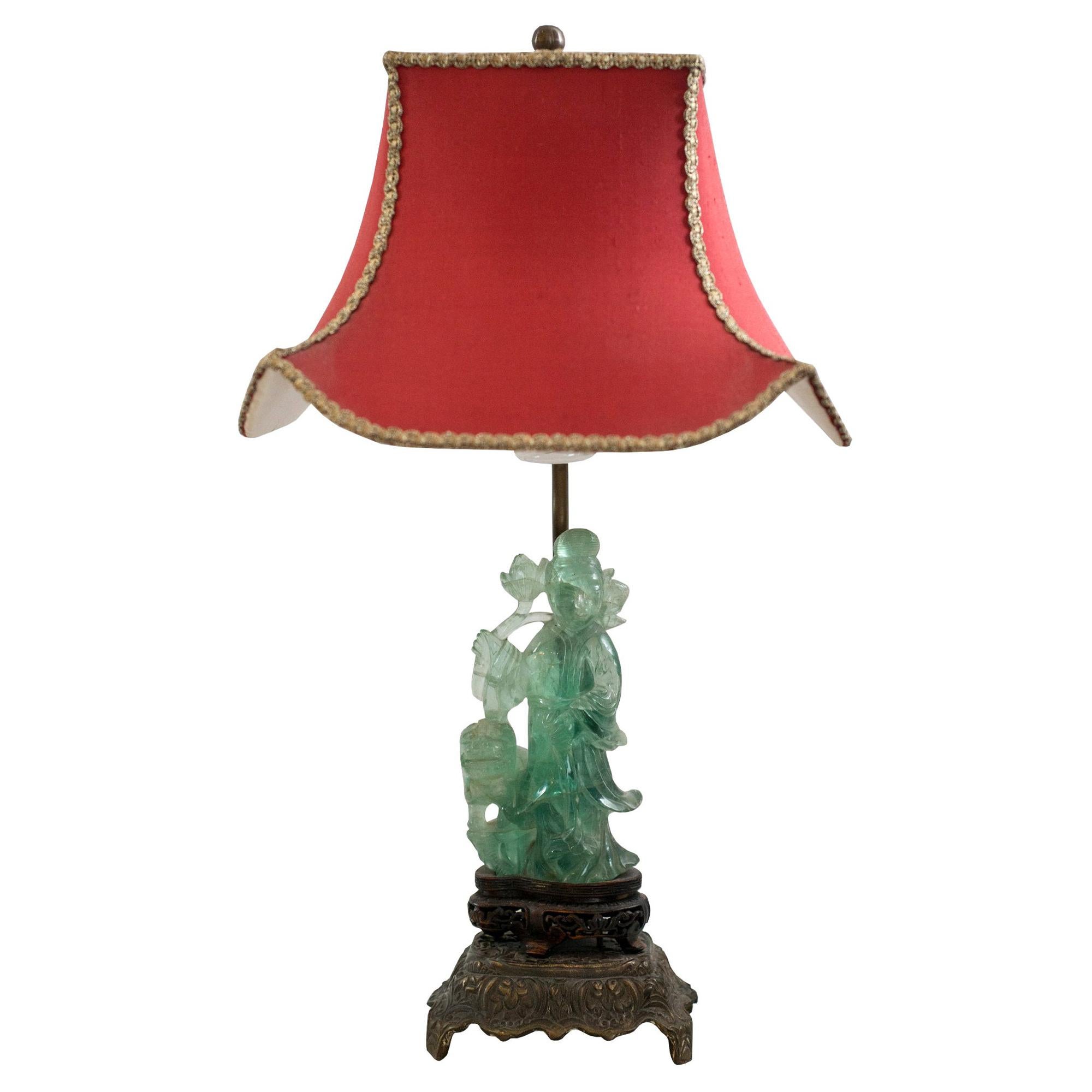 Antique Asian Small Carved Green Fluorite Lamp with Custom Red Pagoda Shade