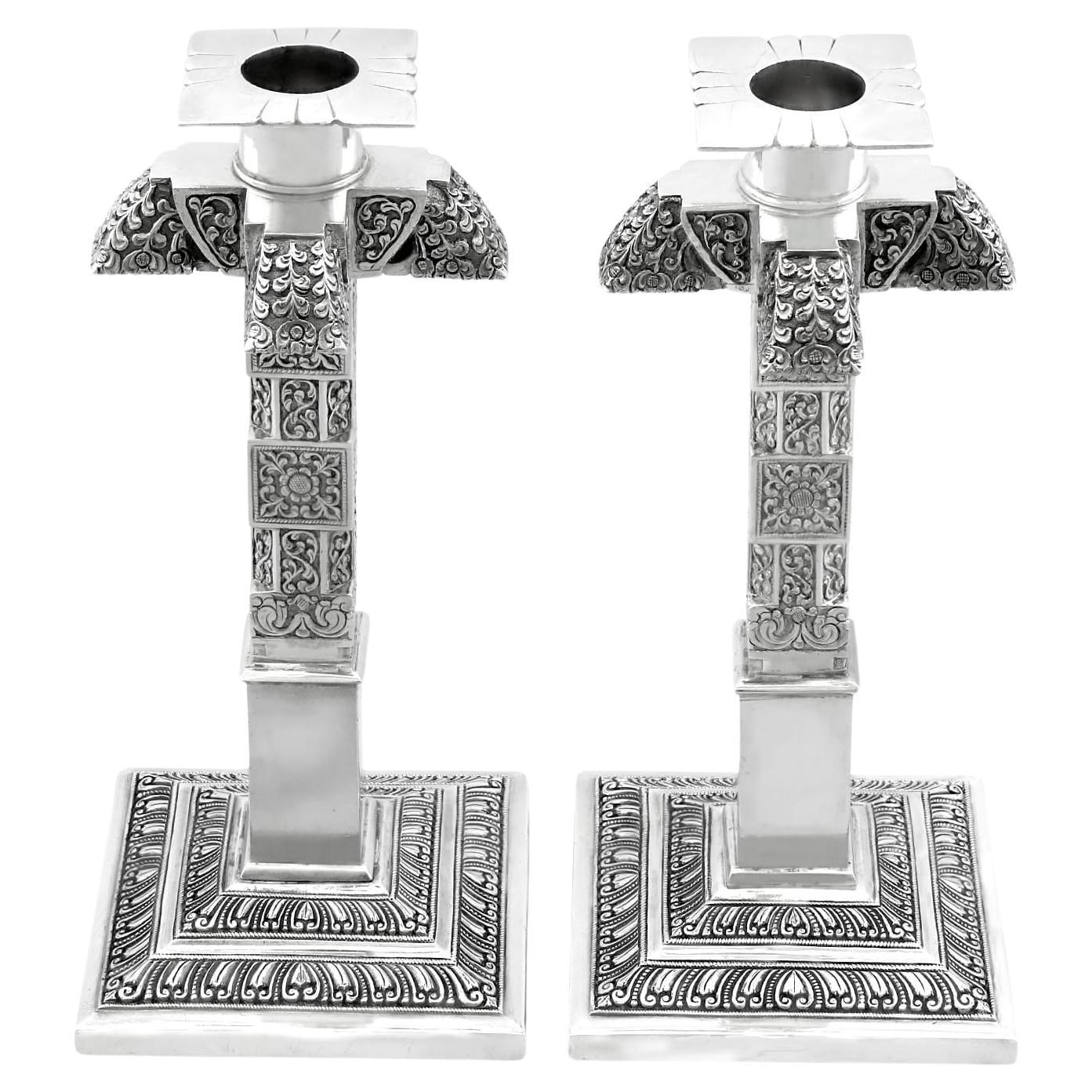 19th Century Asian Sterling Silver Candle Holders