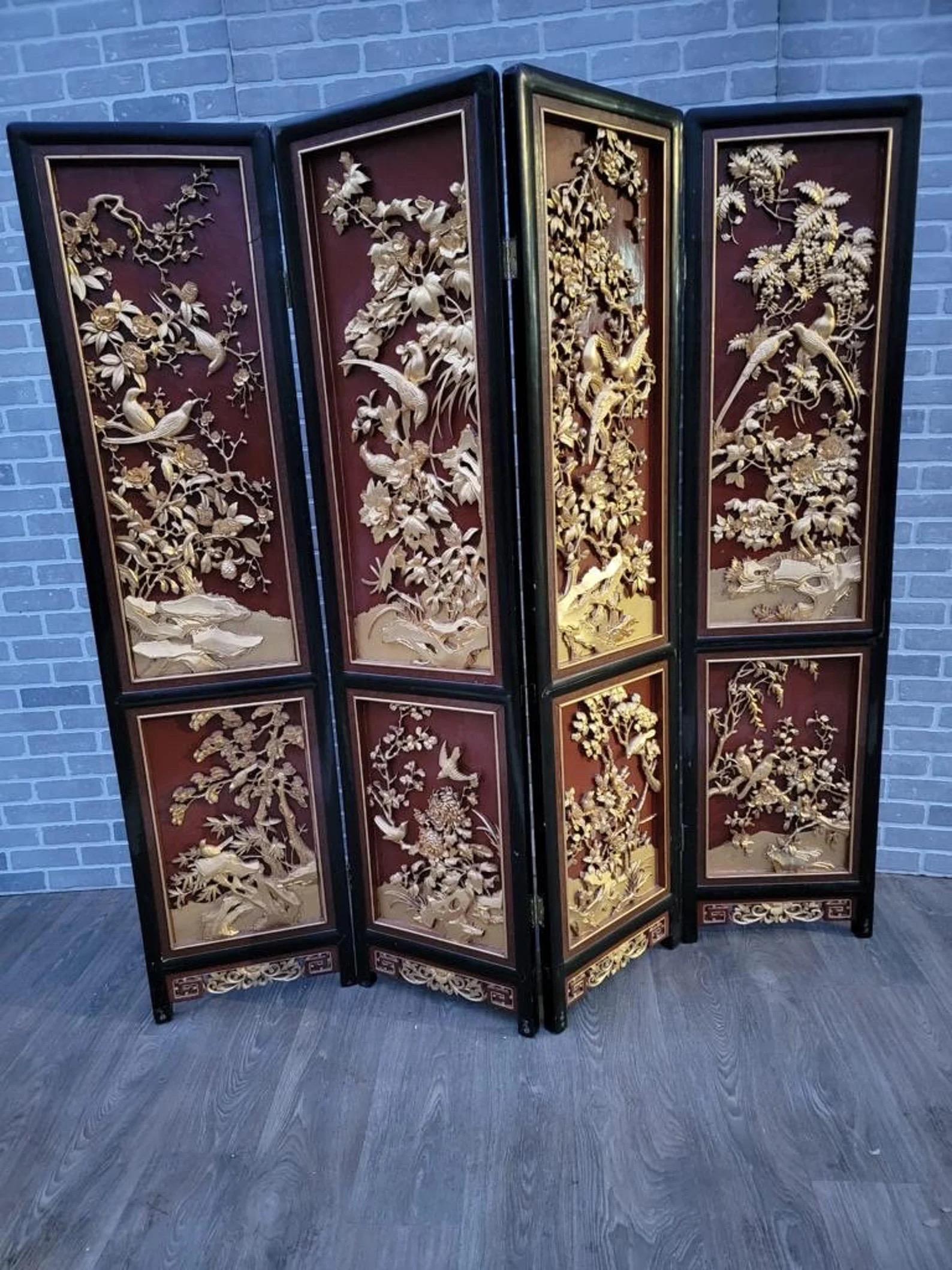 Antique Asian Style Hand Carved 4 Panel Folding Screen Room Divider

This exquisite antique Asian-style hand-carved four-panel folding screen serves as a stunning room divider, showcasing intricate bird and floral motifs that reflect traditional