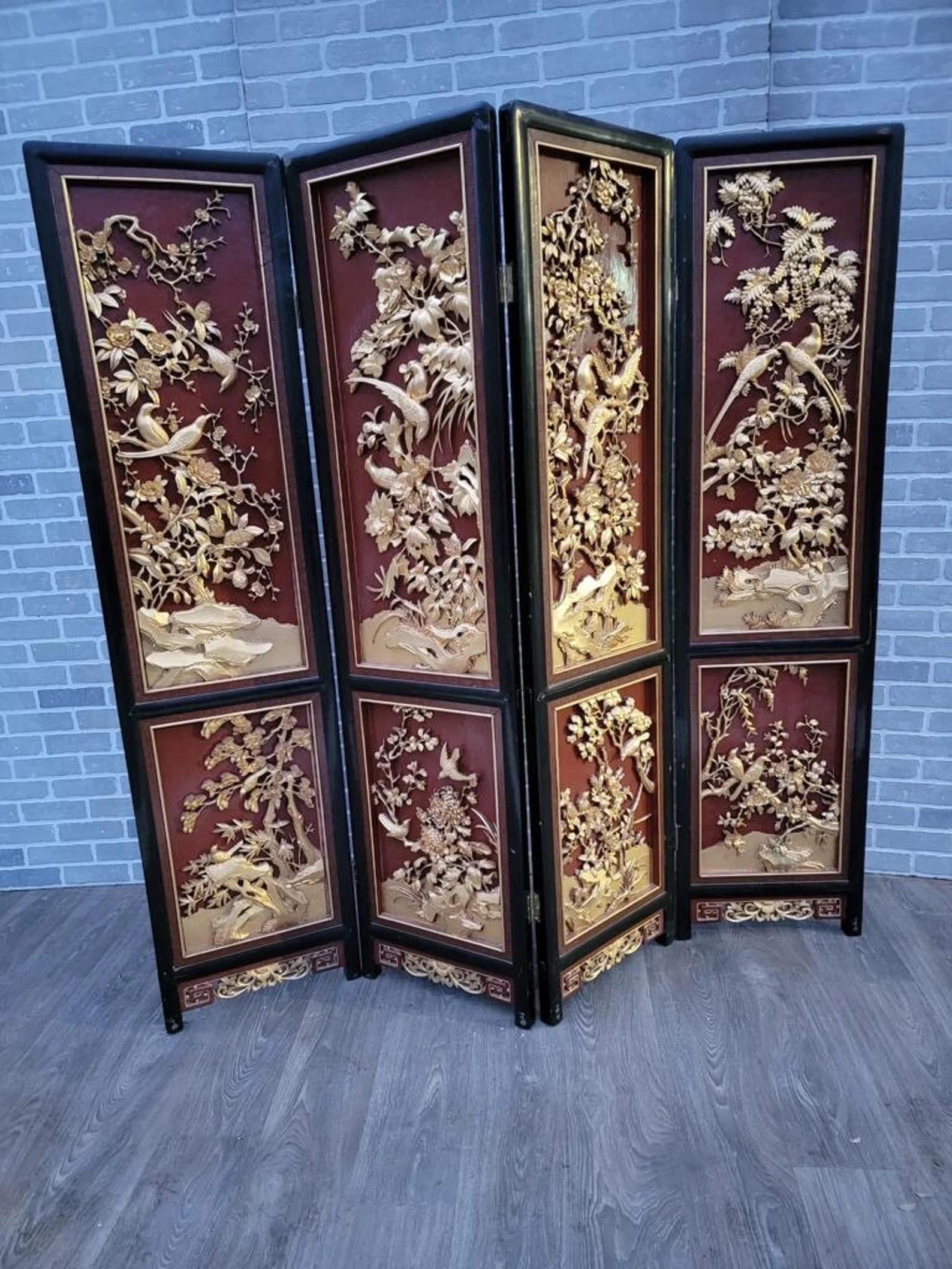 Anglo-Japanese Antique Asian Style Hand Carved 4 Panel Folding Screen Room Divider