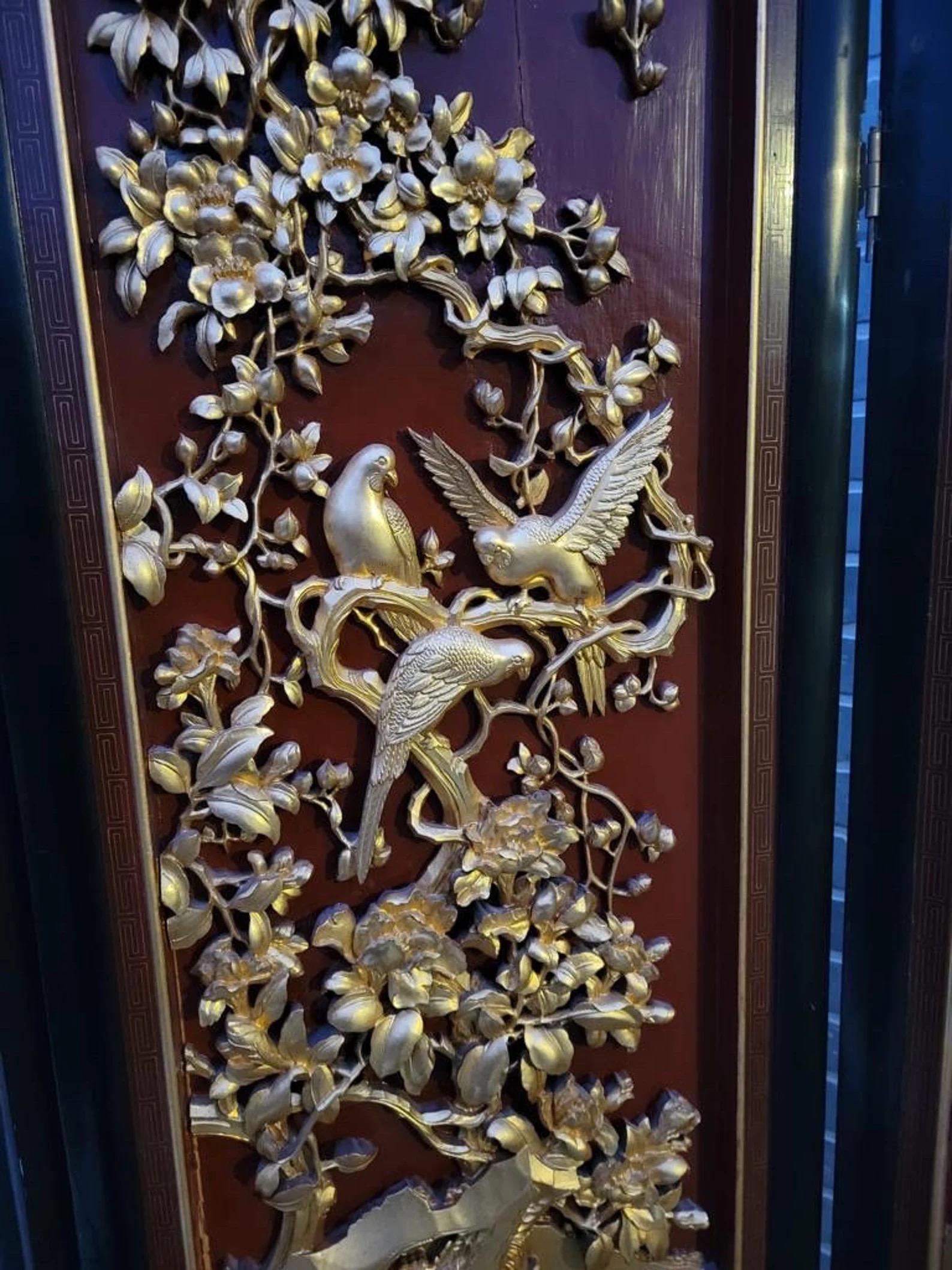 Hand-Carved Antique Asian Style Hand Carved 4 Panel Folding Screen Room Divider