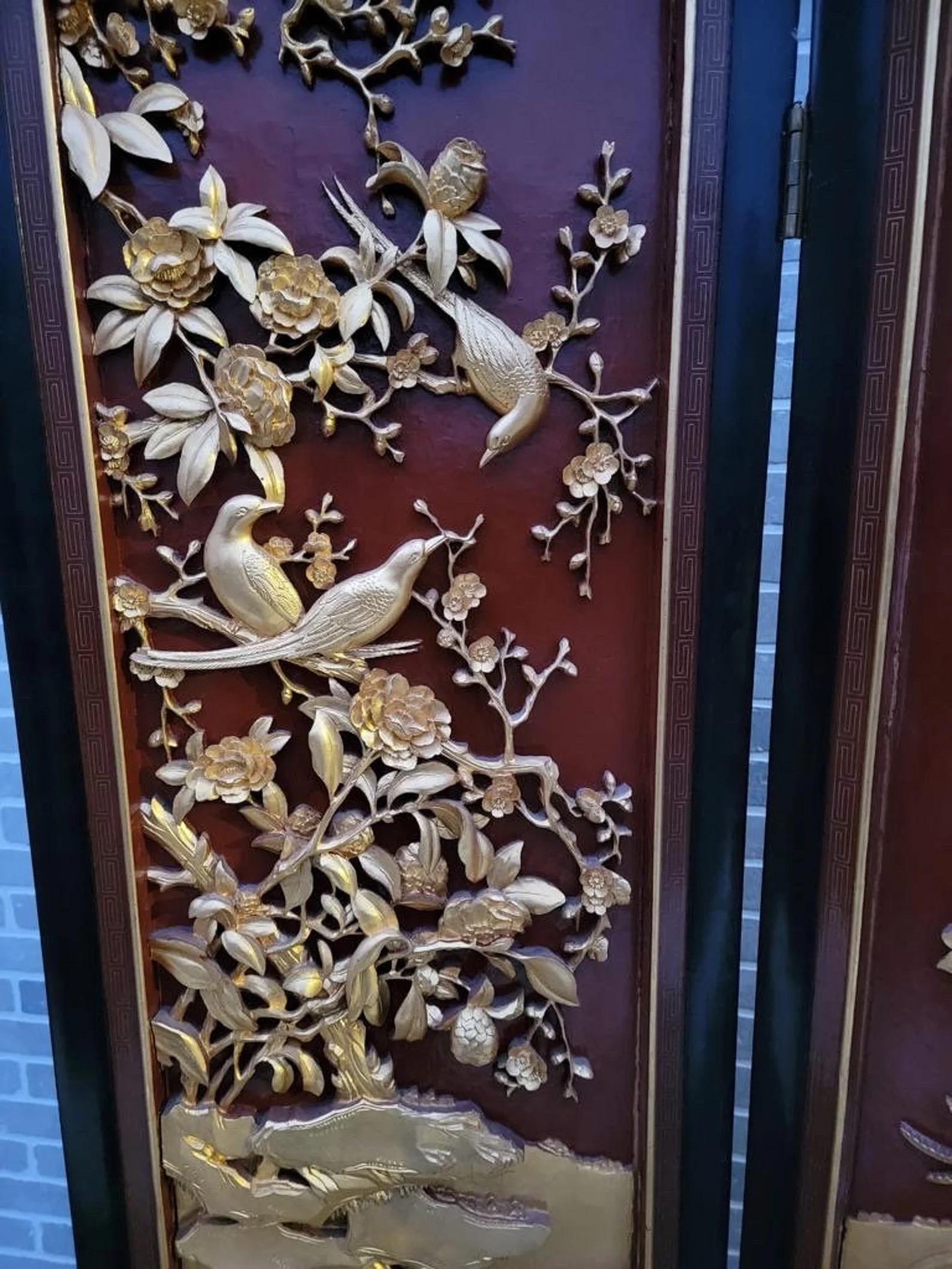 20th Century Antique Asian Style Hand Carved 4 Panel Folding Screen Room Divider