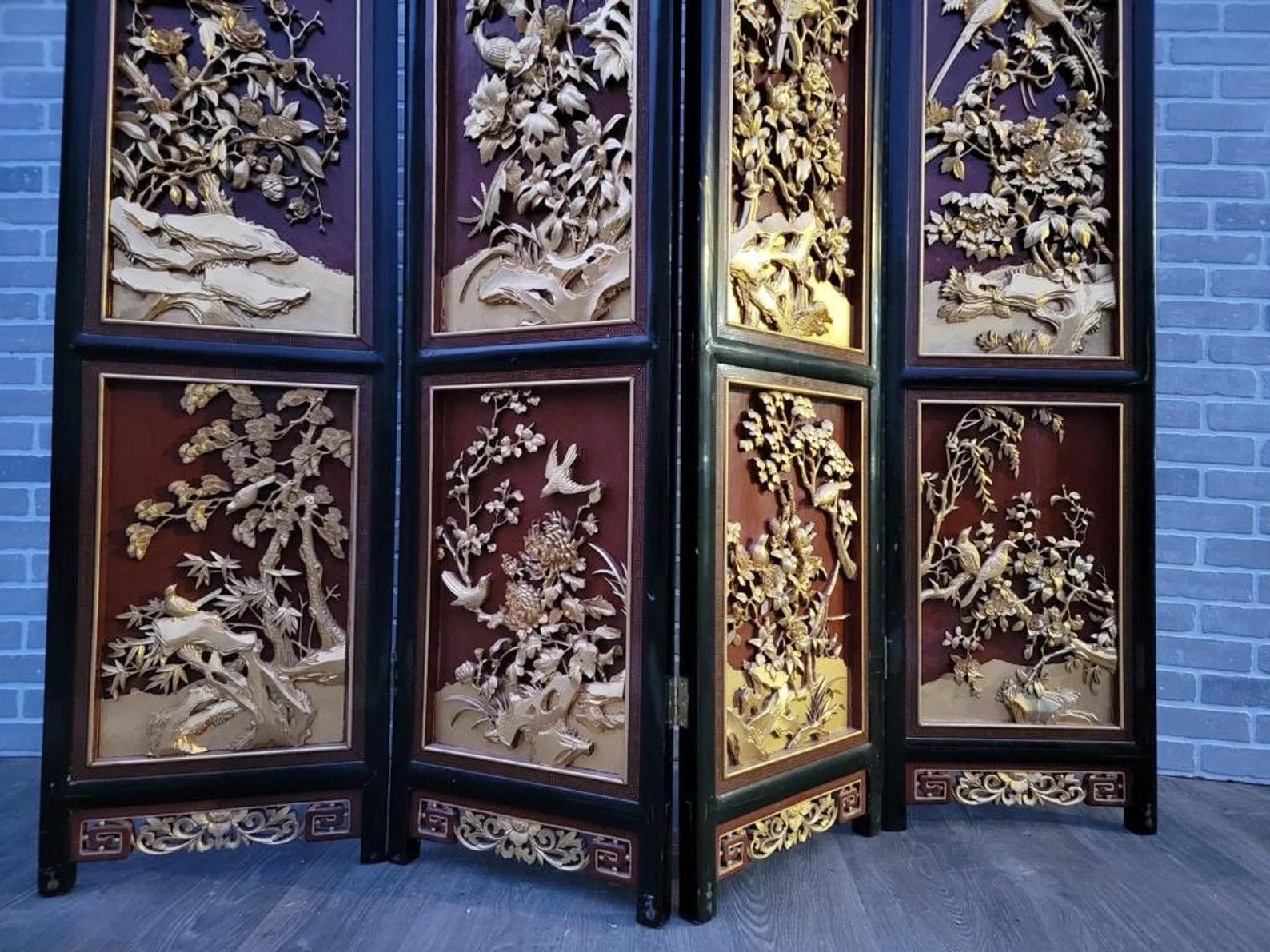 Wood Antique Asian Style Hand Carved 4 Panel Folding Screen Room Divider