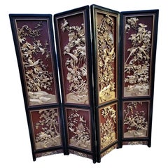 Antique Asian Style Hand Carved 4 Panel Folding Screen Room Divider