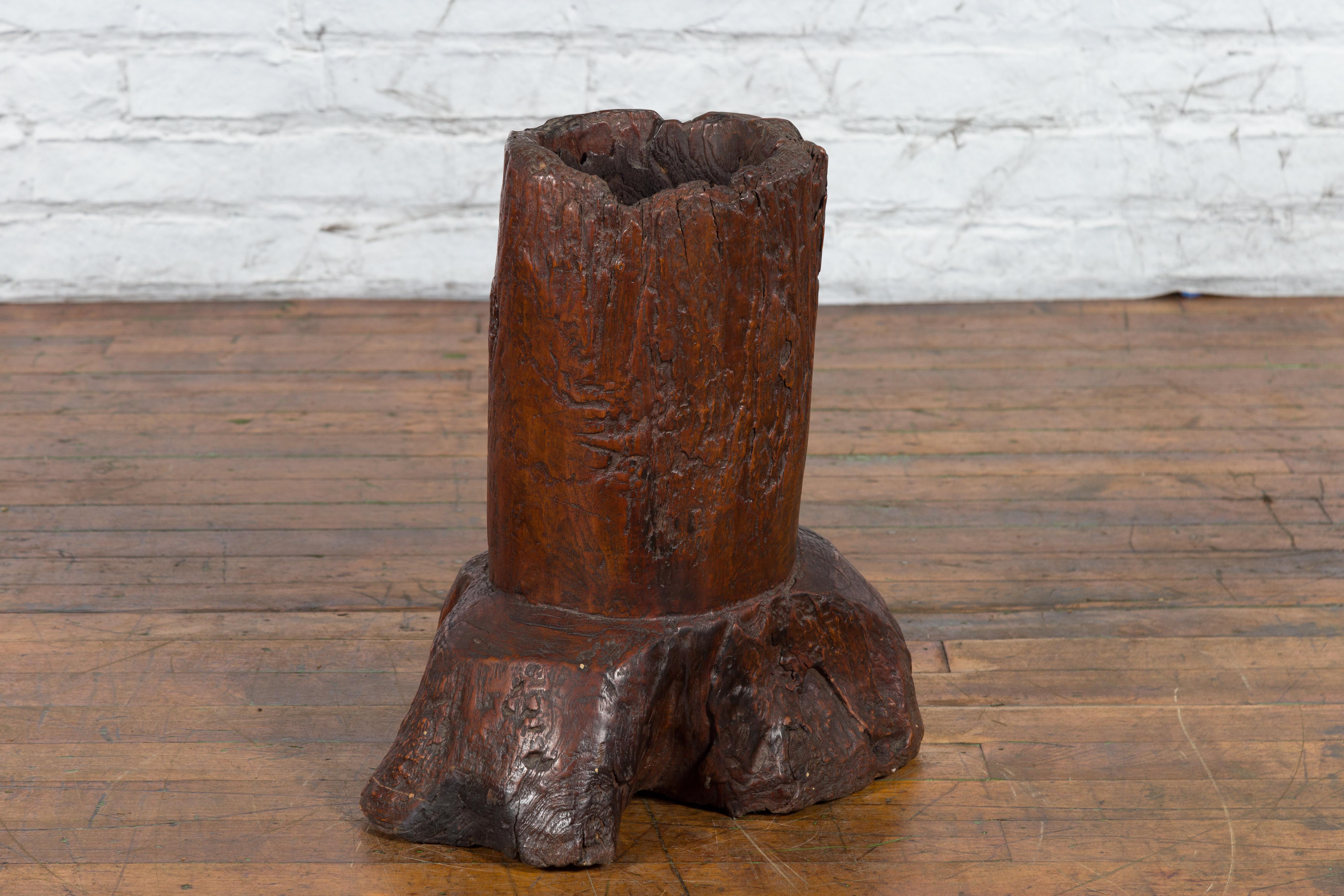 Antique Asian Teak Wood Folk Style Tree Trunk Planter Originally Used as Mortar For Sale 5