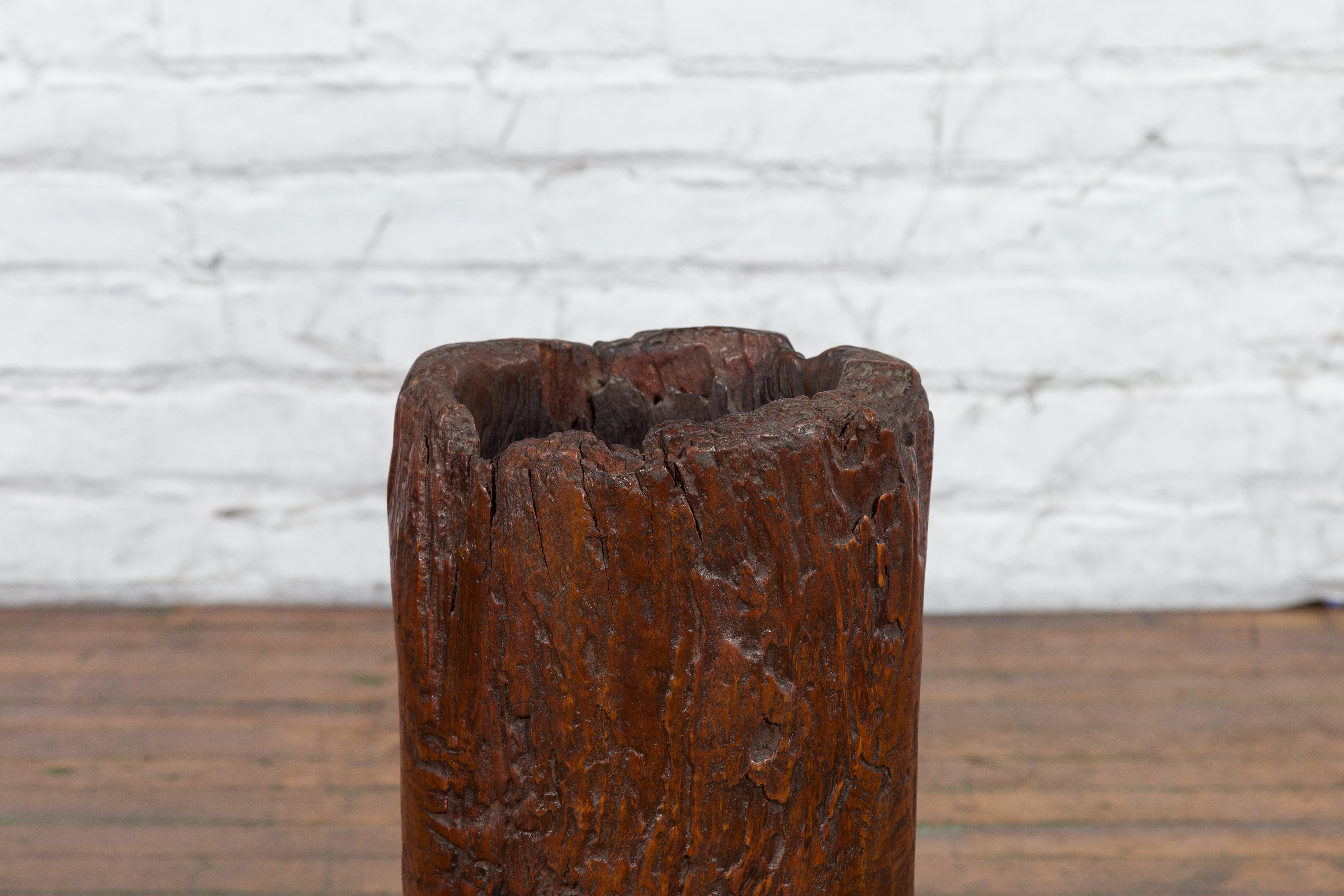 Antique Asian Teak Wood Folk Style Tree Trunk Planter Originally Used as Mortar For Sale 3