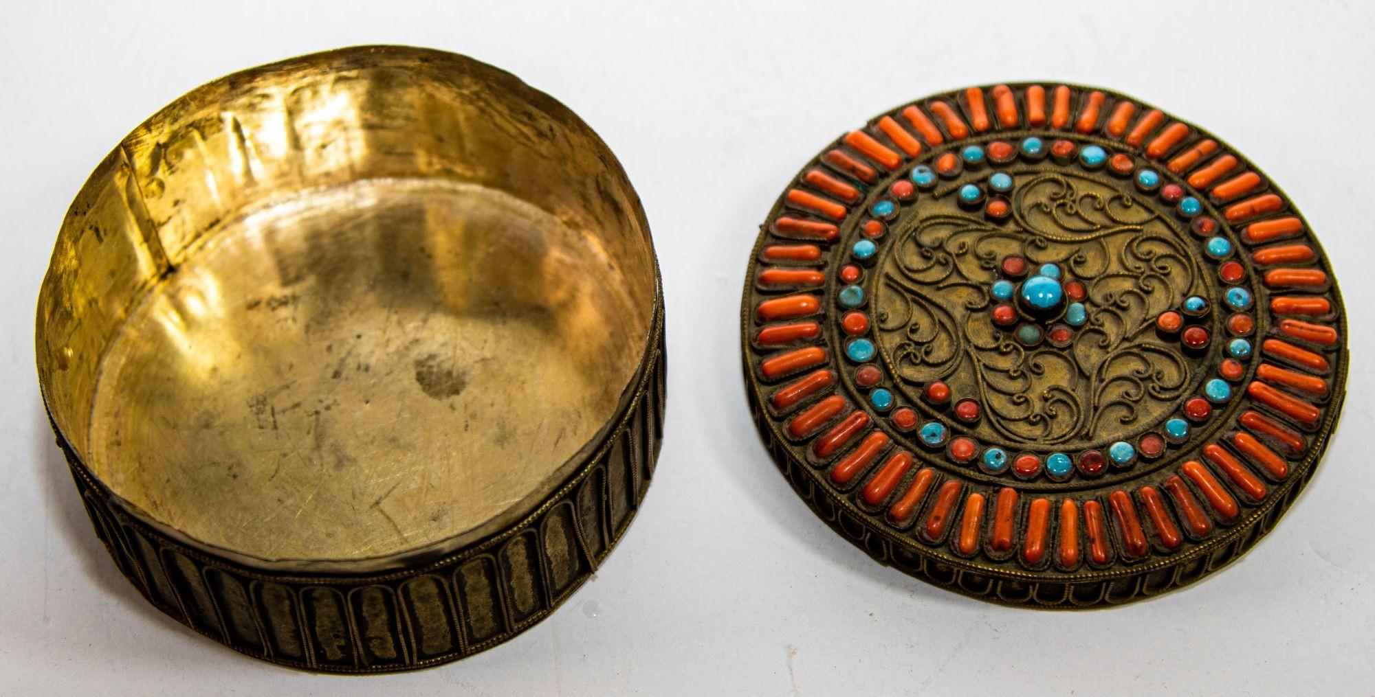 Antique Asian Tibetan Box Brass Filigree with Turquoise & Coral Prayer Wish Box For Sale 3