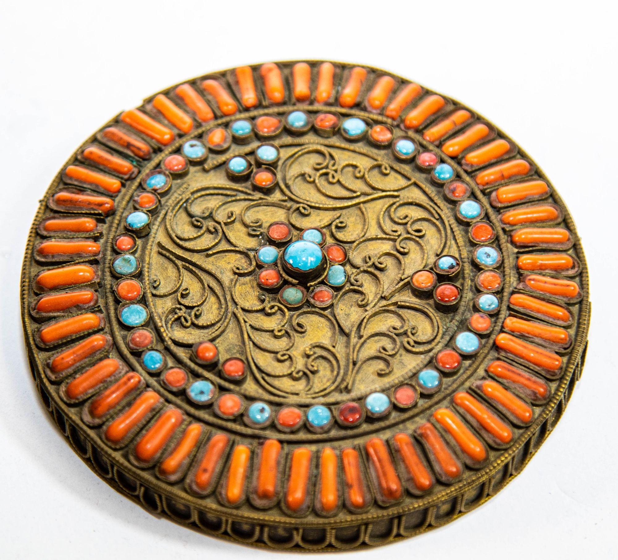 Antique Asian Tibetan Box Brass Filigree with Turquoise & Coral Prayer Wish Box For Sale 4
