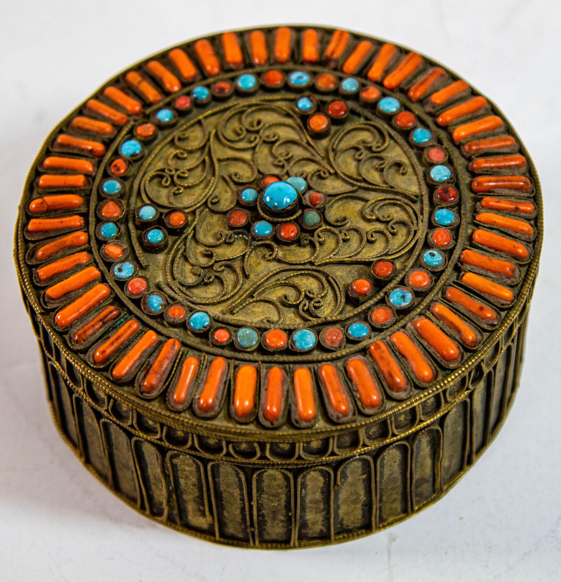 Antique Asian Tibetan Box Brass Filigree with Turquoise & Coral Prayer Wish Box For Sale 8