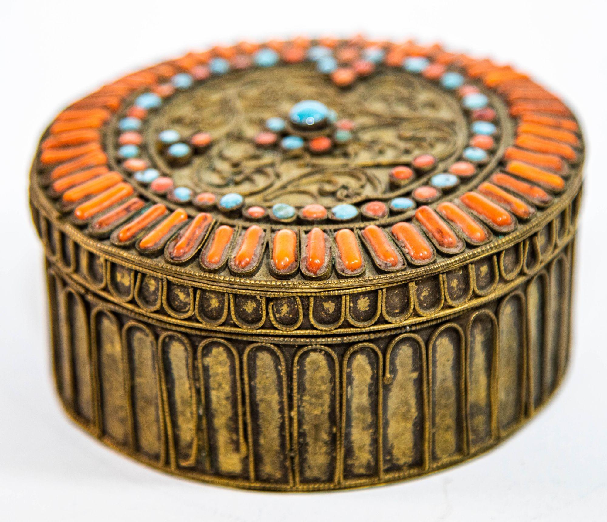Nepalese Antique Asian Tibetan Box Brass Filigree with Turquoise & Coral Prayer Wish Box For Sale