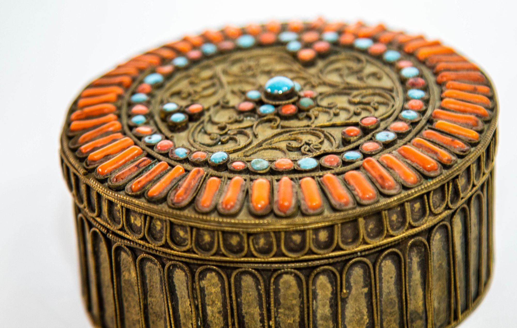 Antique Asian Tibetan Box Brass Filigree with Turquoise & Coral Prayer Wish Box In Good Condition For Sale In North Hollywood, CA