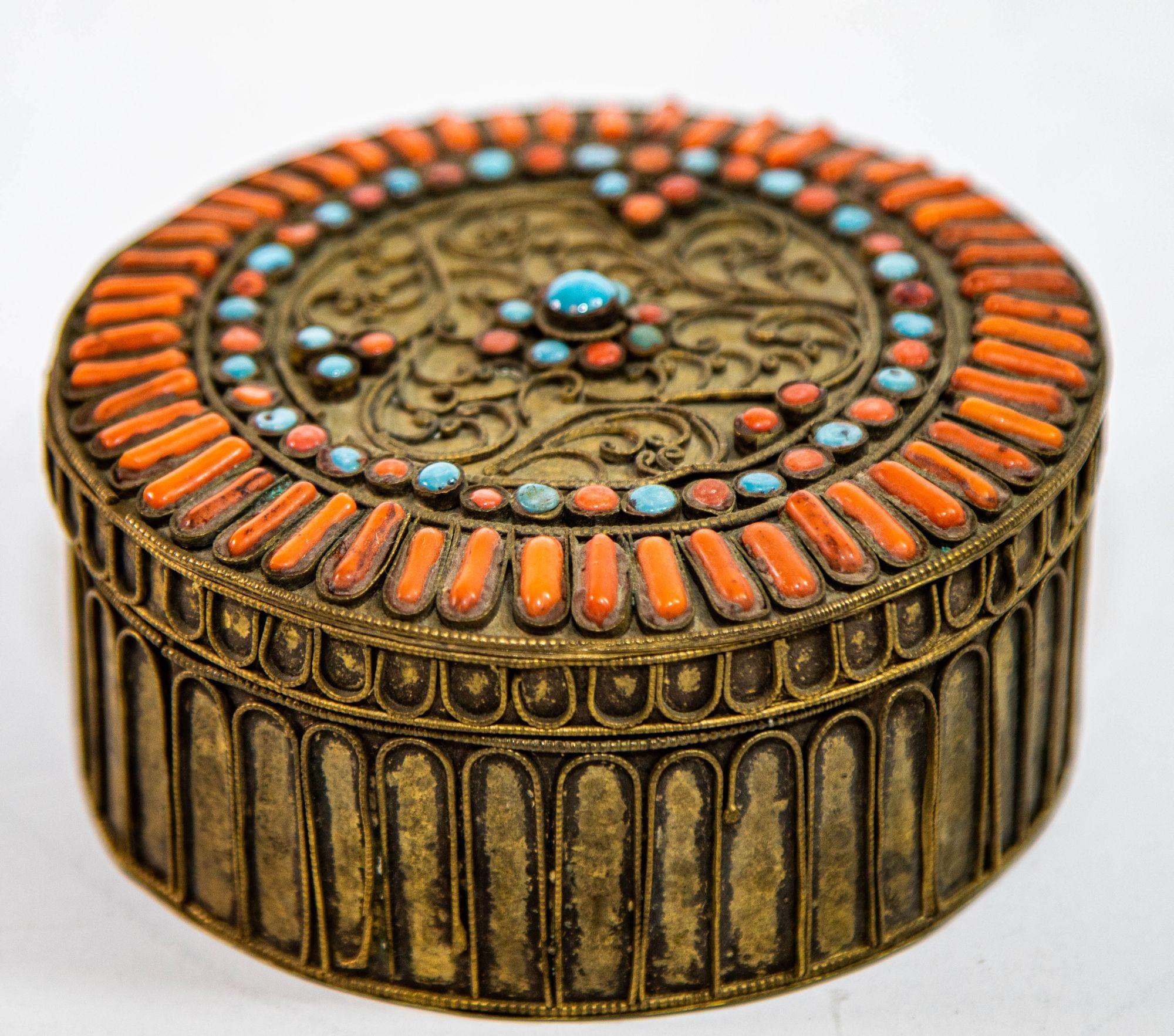 20th Century Antique Asian Tibetan Box Brass Filigree with Turquoise & Coral Prayer Wish Box For Sale