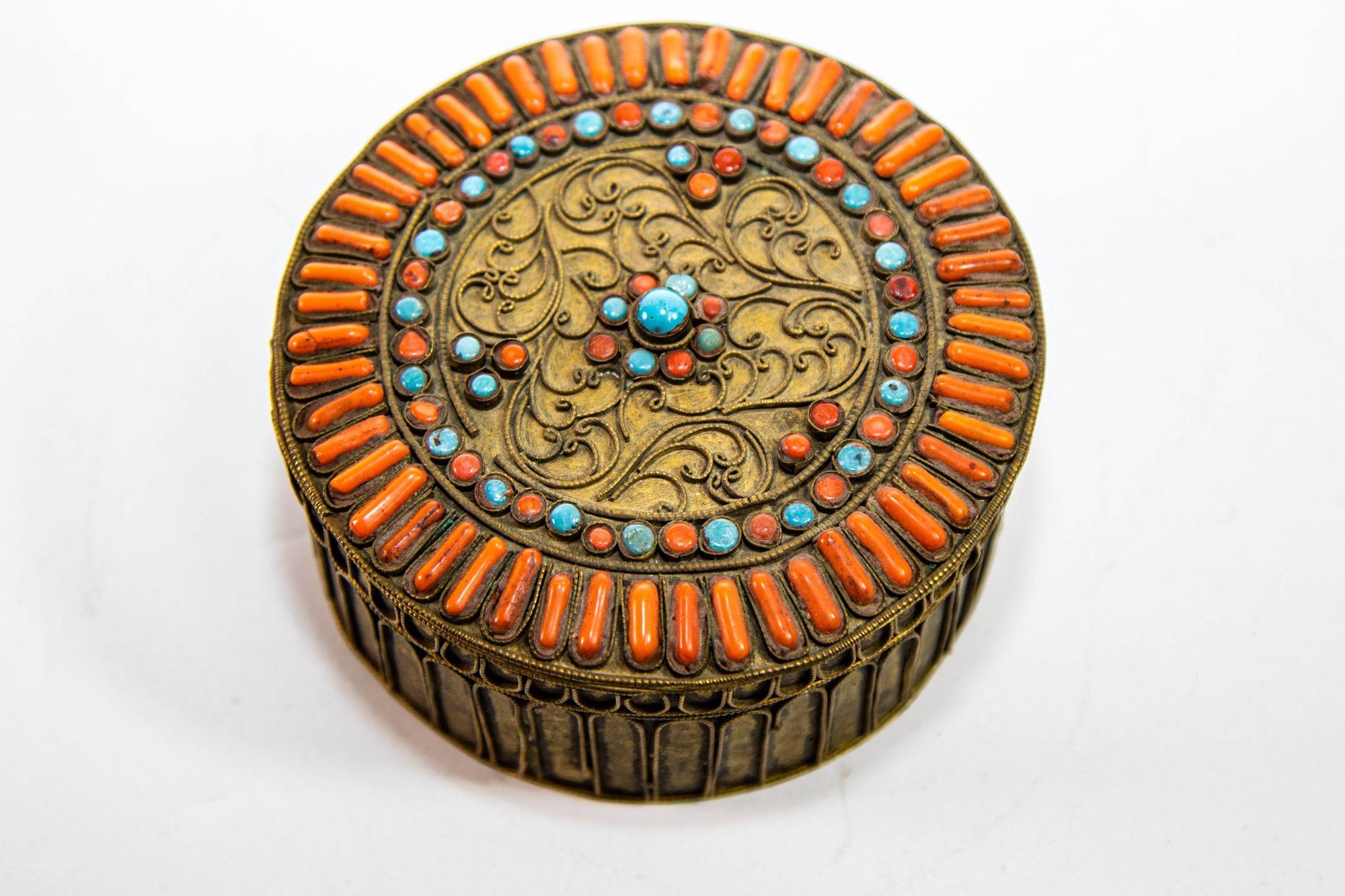 Antique Asian Tibetan Box Brass Filigree with Turquoise & Coral Prayer Wish Box For Sale 1