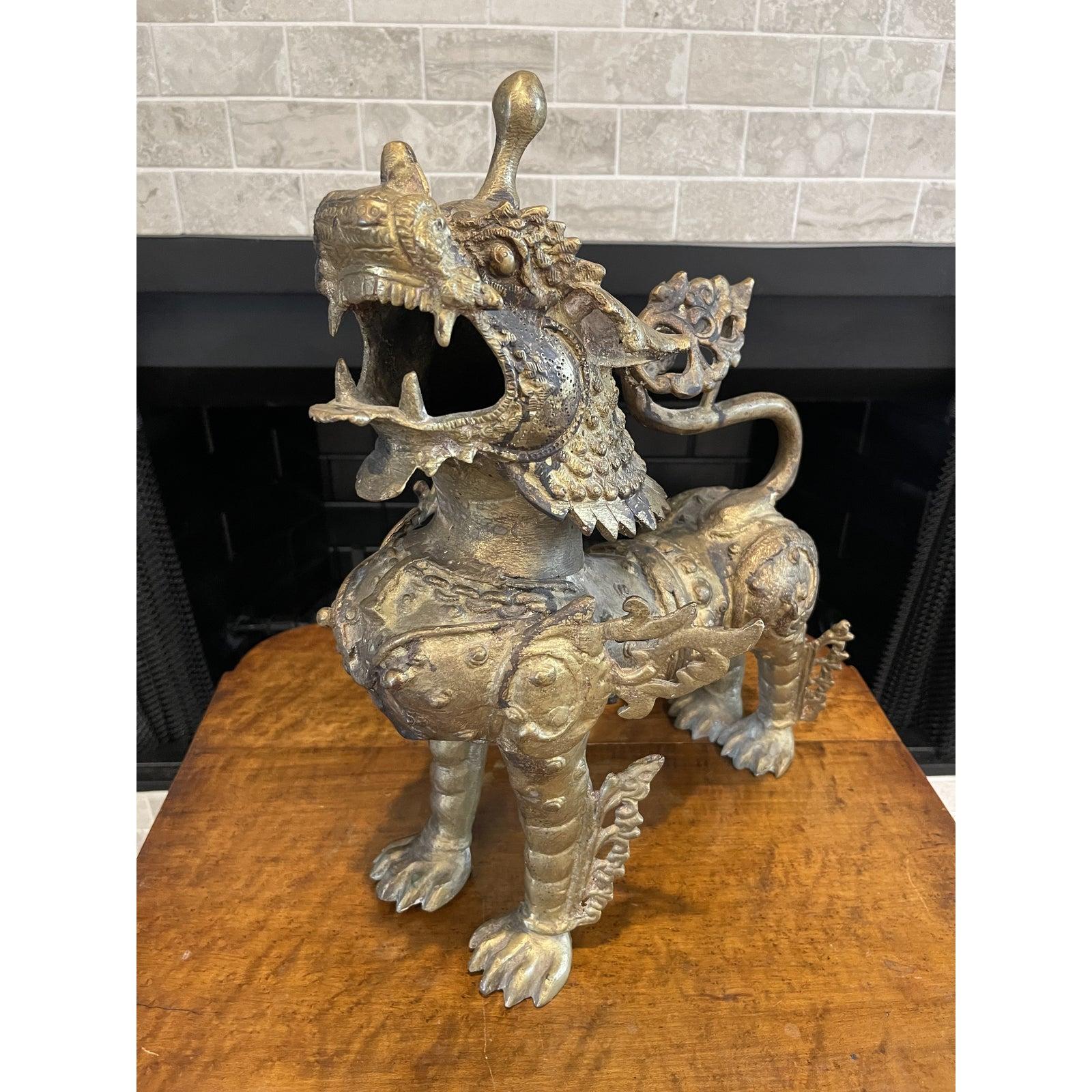 Antique Asian Tibetan Bronze Kylin Foo Dog Lion Sculptures - a Pair 2