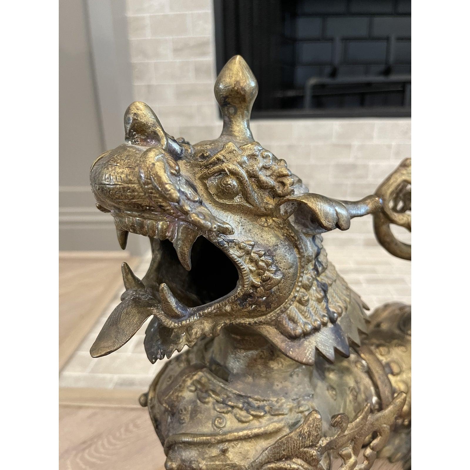 Antique Asian Tibetan Bronze Kylin Foo Dog Lion Sculptures - a Pair In Good Condition In Forney, TX