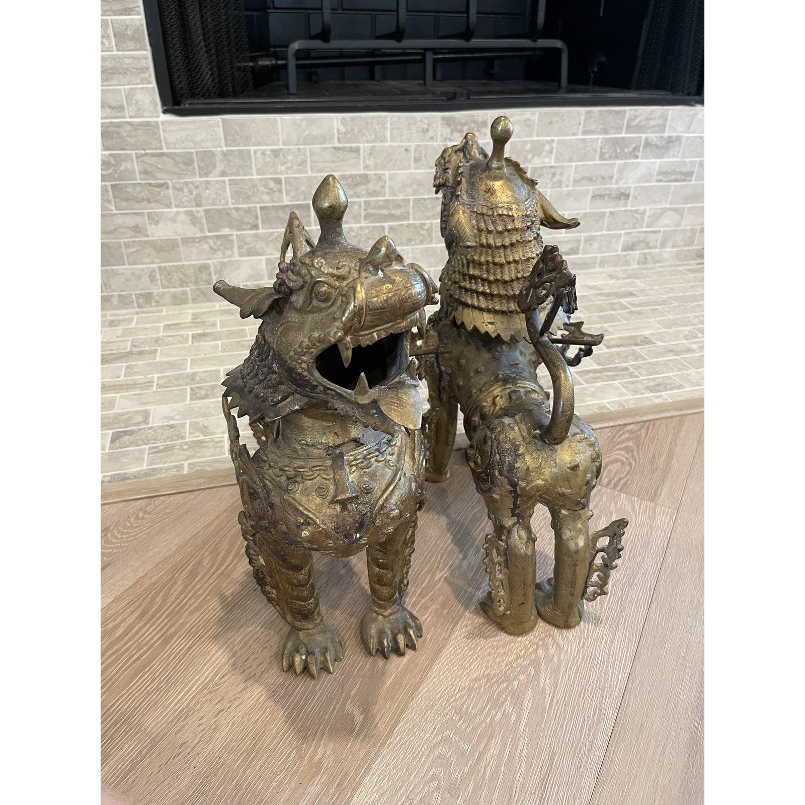 Antique Asian Tibetan Bronze Kylin Foo Dog Lion Sculptures - a Pair 1