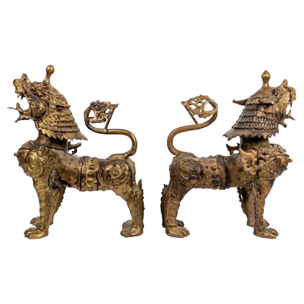 Antique Asian Tibetan Bronze Kylin Foo Dog Lion Sculptures - a Pair
