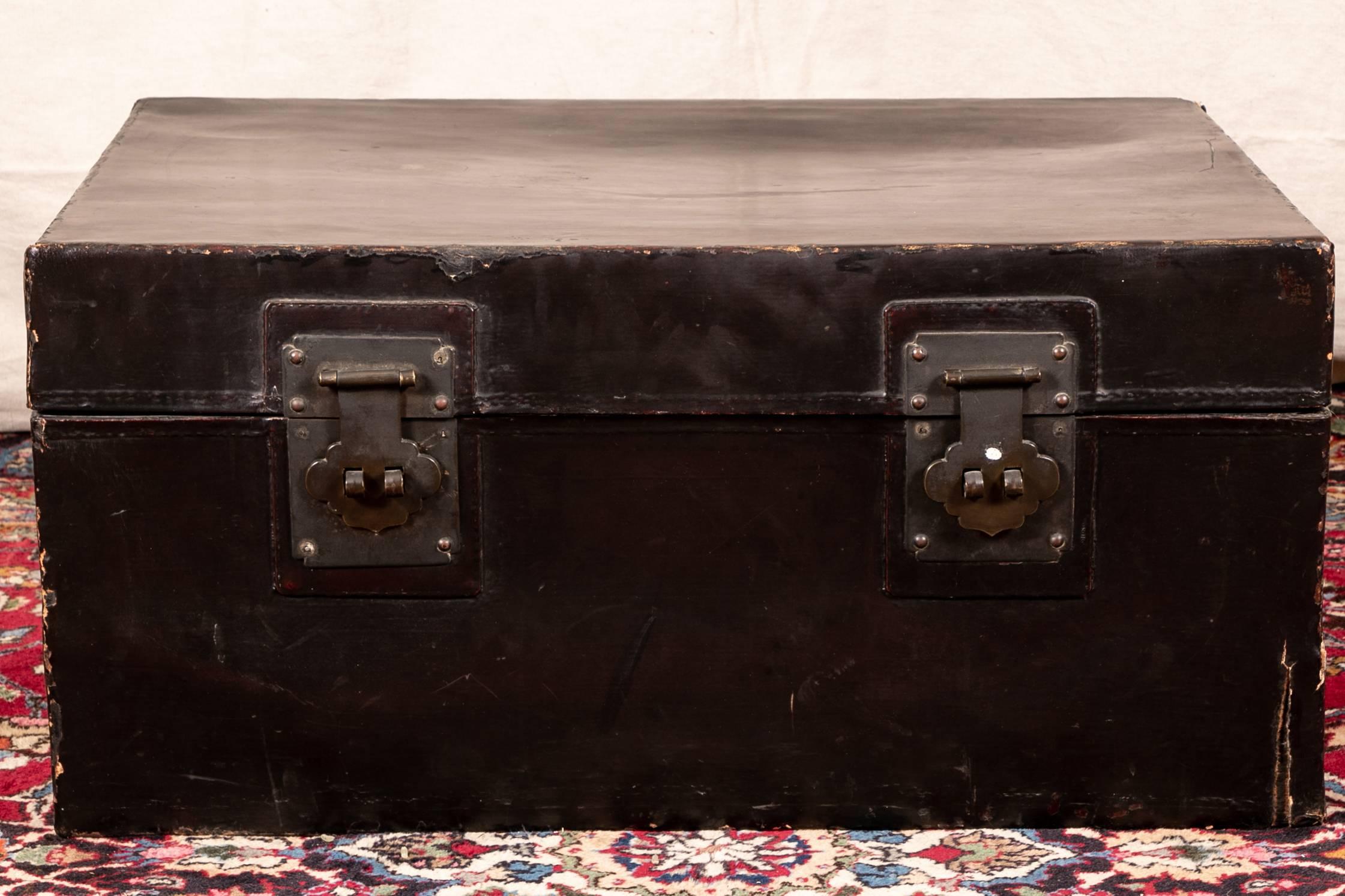 Campaign Antique Chinese Double Lock Trunk as a Coffee Table