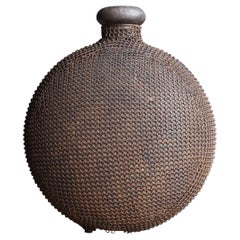Antique Asian Wabi-Sabi Metal Jar Covered in Chainmail Early 20th Century