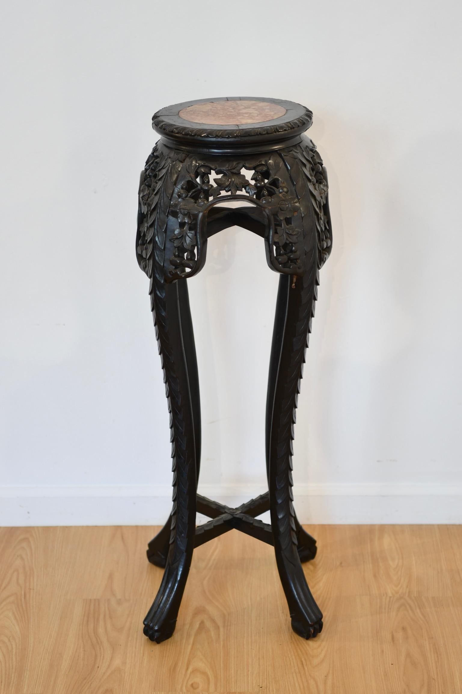 Antique Asian wood stand with marble inlay. Dimensions: 36.25