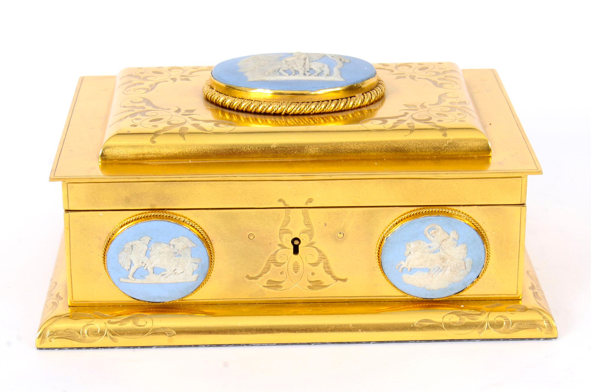 This is a truly magnificent antique Victorian ormolu luxury casket by Asprey London, circa 1870 in date.
 
This exceptional casket is rectangular in shape and features sumptuous applied jasperware plaques of oval shape - four plaques are