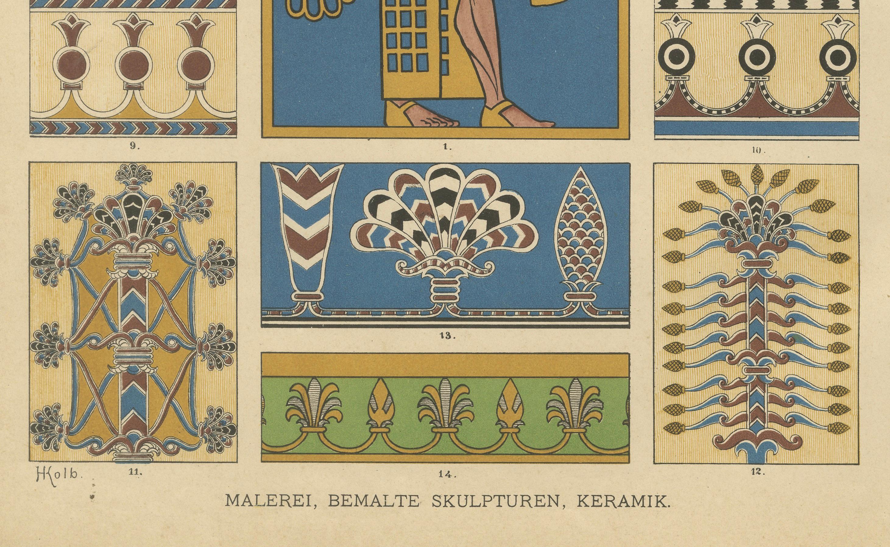 Ancien ornement assyrien présentant une figure de gardien mythologique, 1887

Cette estampe ancienne aux couleurs vives présente une étude visuelle étonnante de l'art ornemental assyrien, tirée du célèbre compendium de design du XIXe siècle *Der