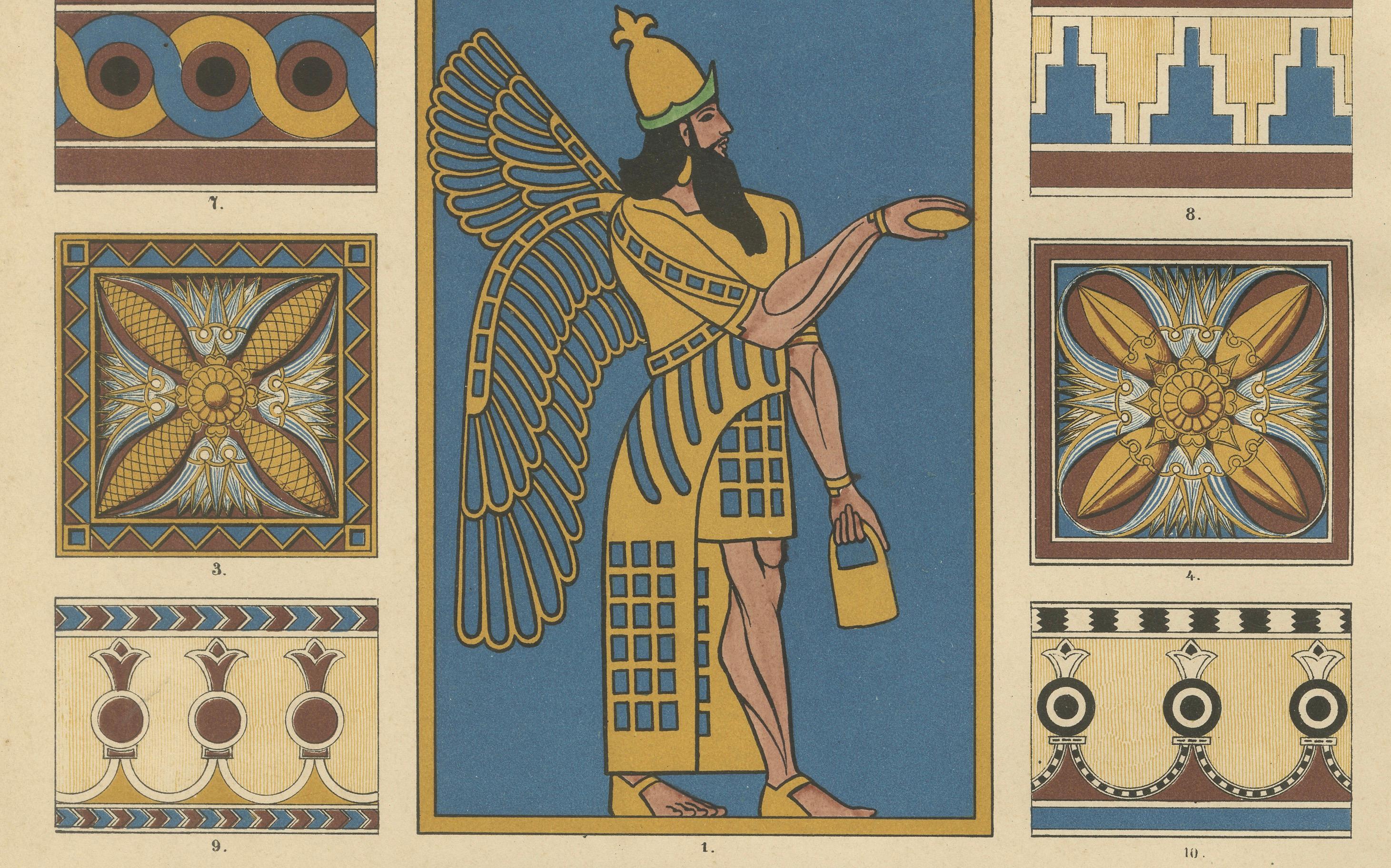 Ancien ornement assyrien présentant une figure de gardien mythologique, 1887 Bon état - En vente à Langweer, NL