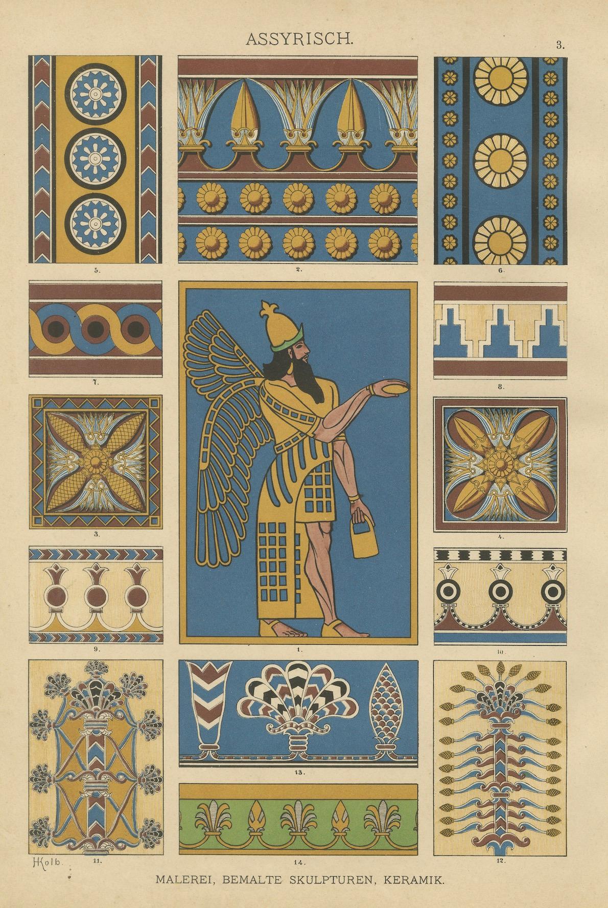 Papier Ancien ornement assyrien présentant une figure de gardien mythologique, 1887 en vente