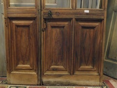 Antique Asymmetrical Glass Door, in 2 Walnut Wings with Carved Lozenges, Italy