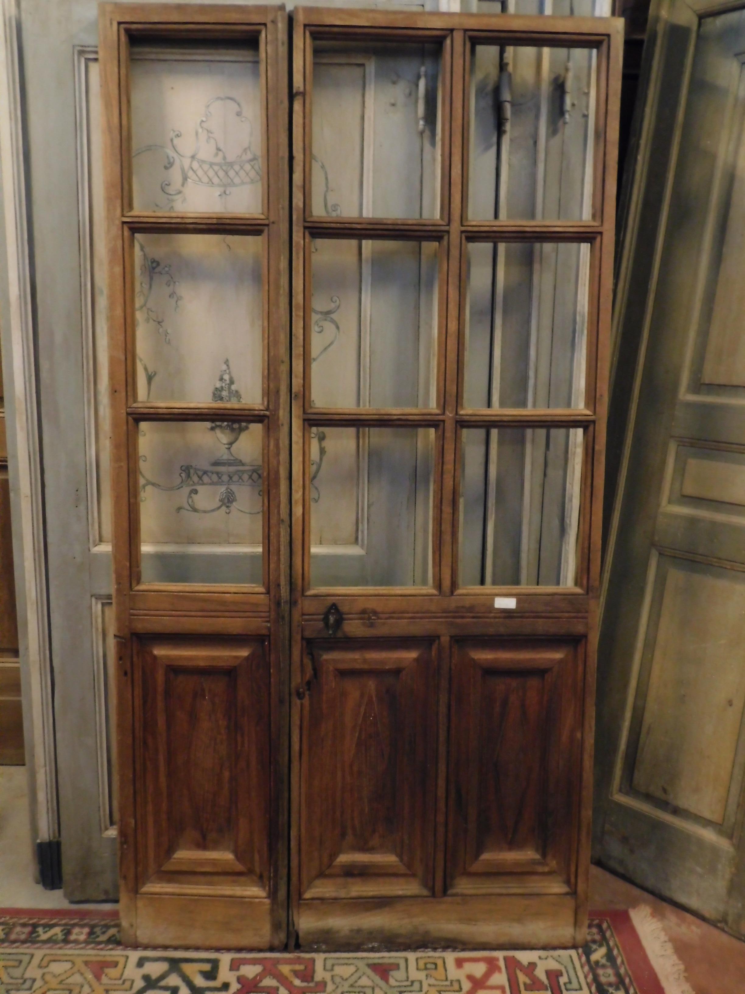 Italian Antique Asymmetrical Glass Door, in 2 Walnut Wings with Carved Lozenges, Italy