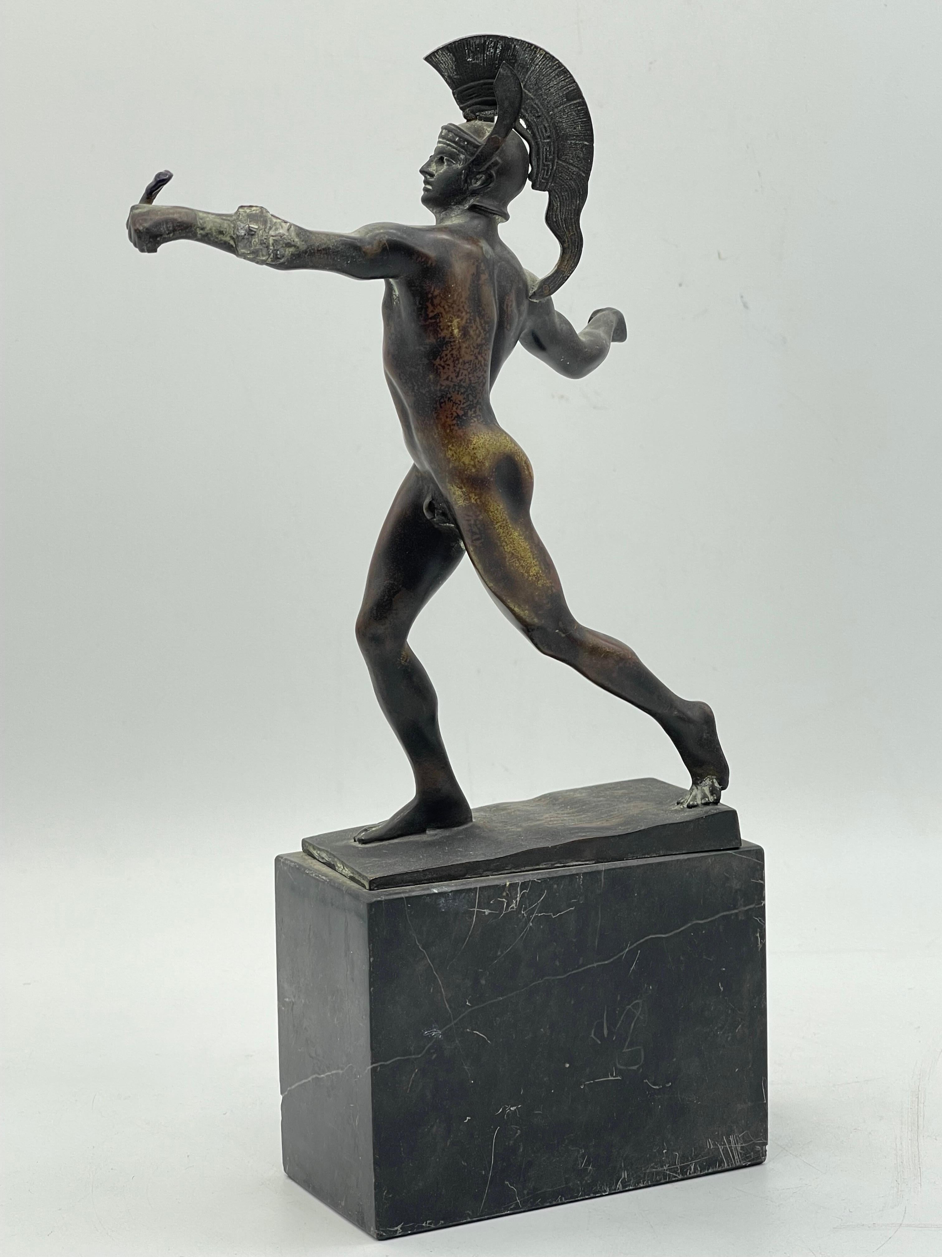 Bronze Antique Athletic bronze Warrior sculpture on marble base Greek figure For Sale