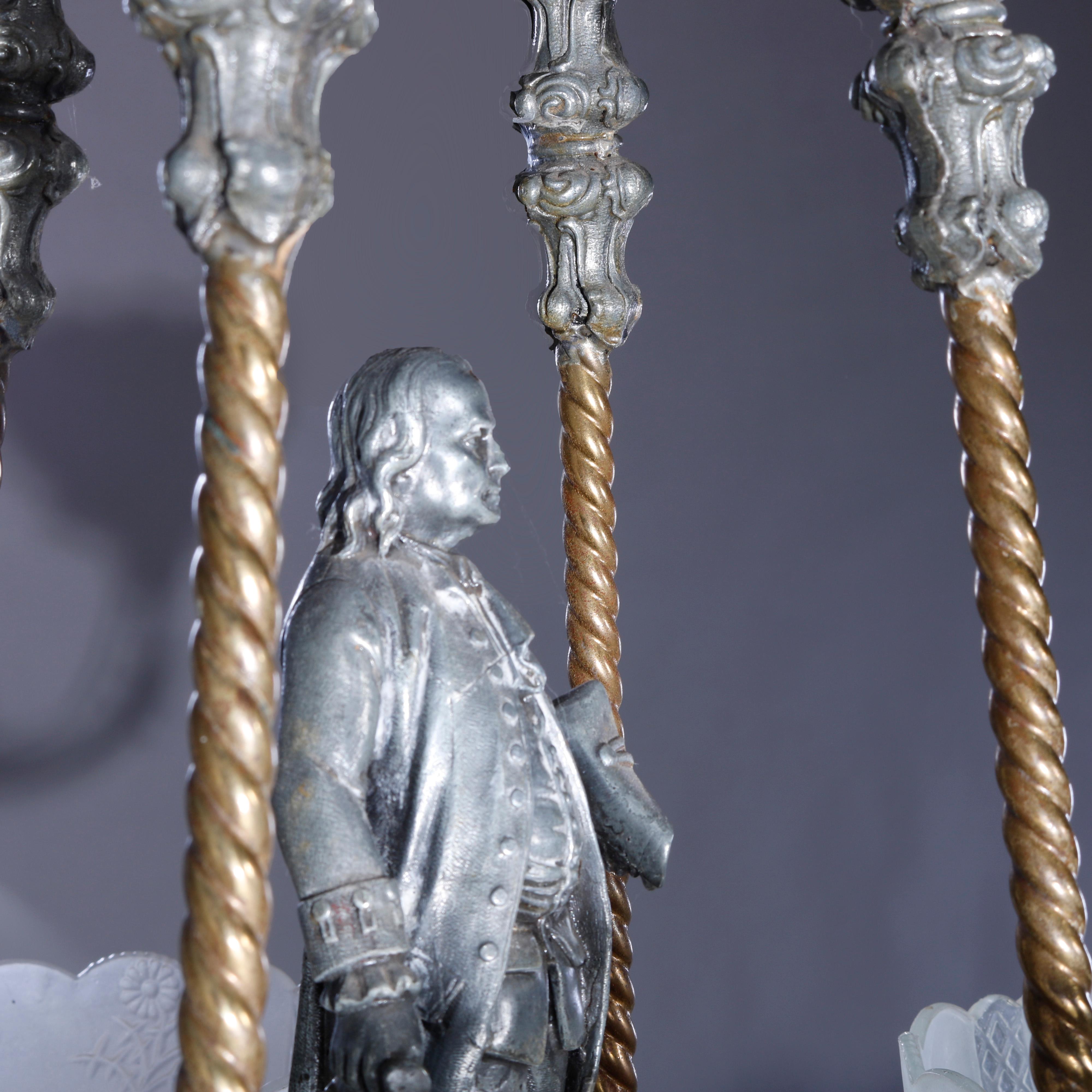 Antique attr Cornelius & Co. Figural Ben Franklin Gas Chandelier, Electrified 11