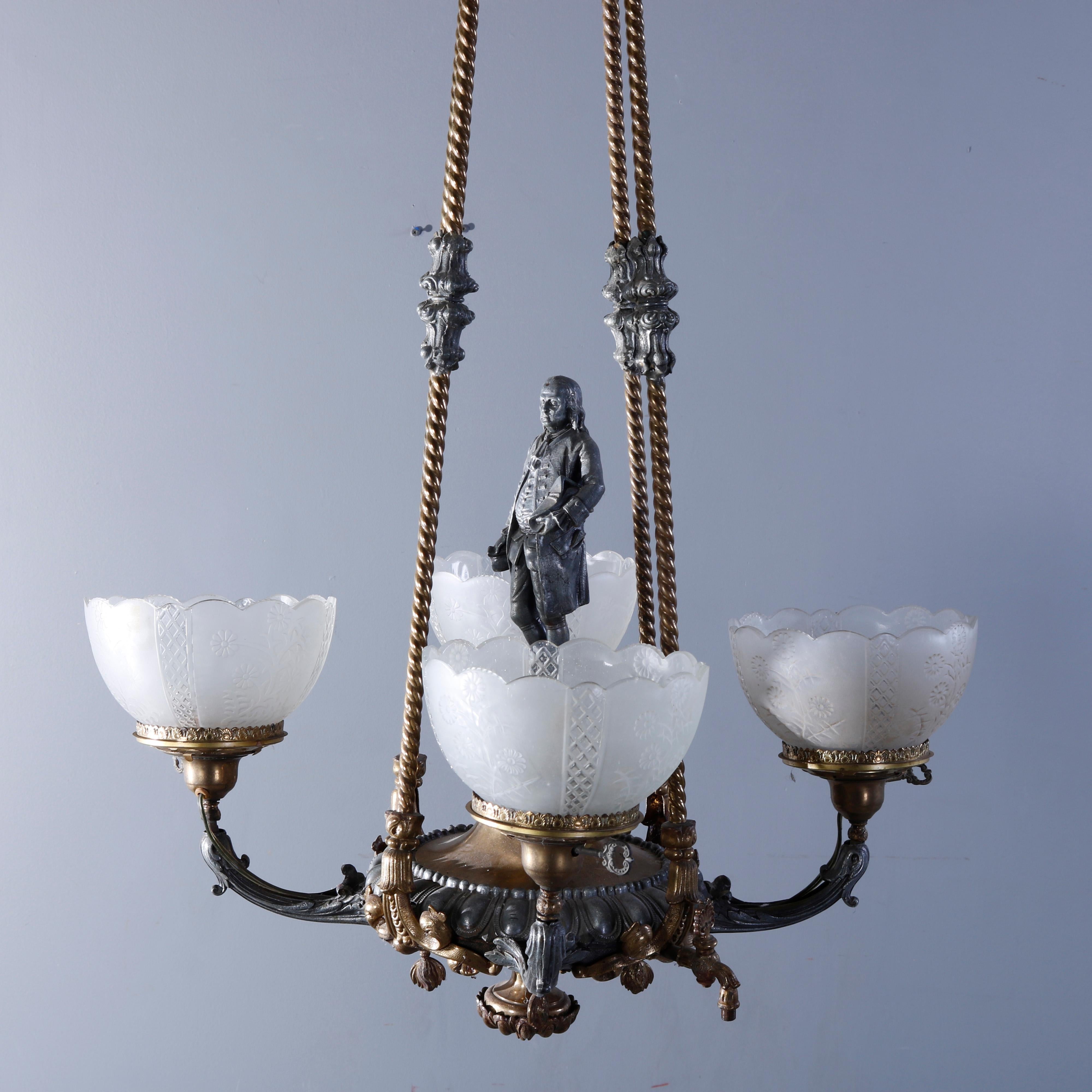 Antique attr Cornelius & Co. Figural Ben Franklin Gas Chandelier, Electrified In Good Condition In Big Flats, NY