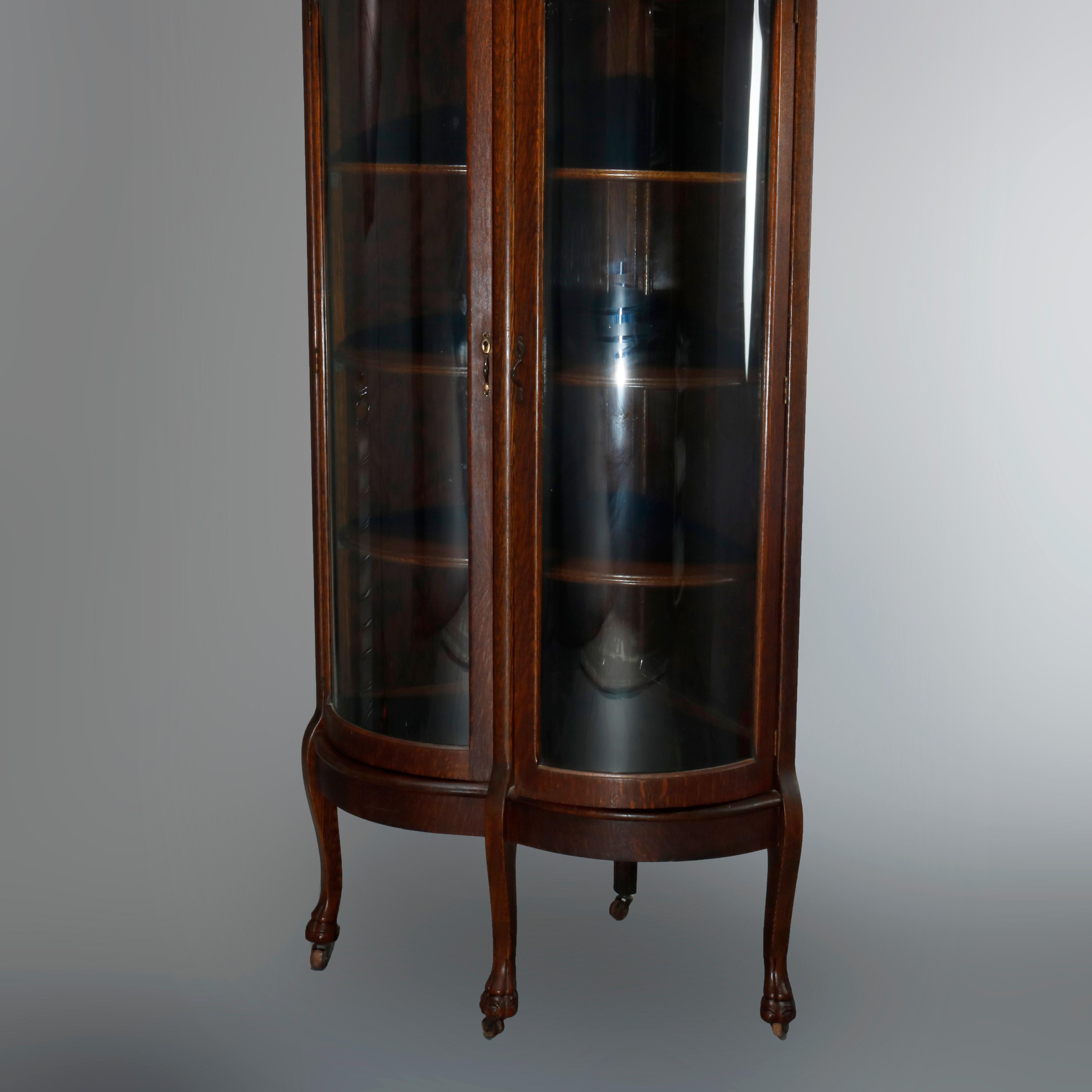 American Antique Attr. RJ Horner Oak Curved Glass Door Corner Display Cabinet, c1910