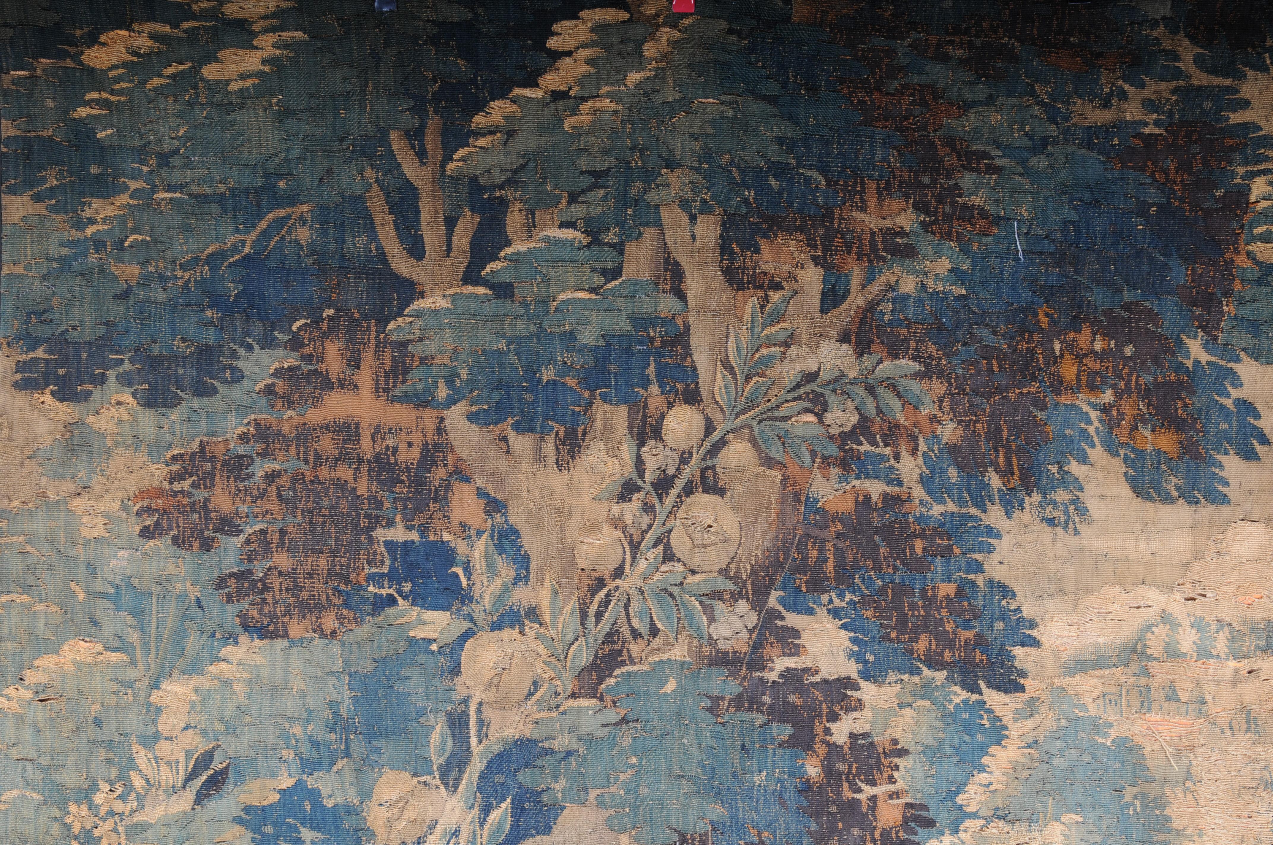 French Antique Aubosson/Gobelein wall carpet, France 17th century. Verdure motif, silk For Sale