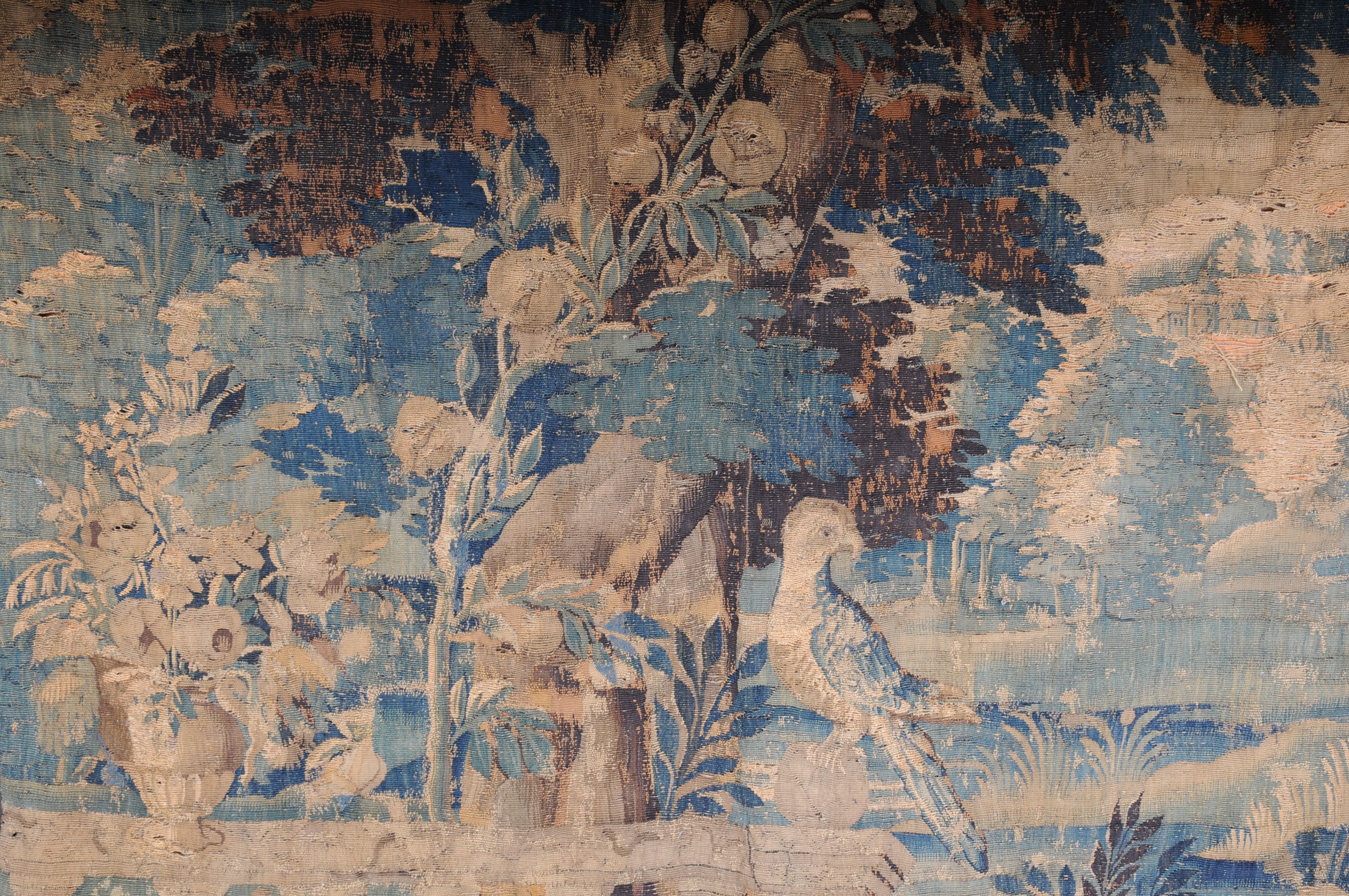 Hand-Painted Antique Aubosson/Gobelein wall carpet, France 17th century. Verdure motif, silk For Sale