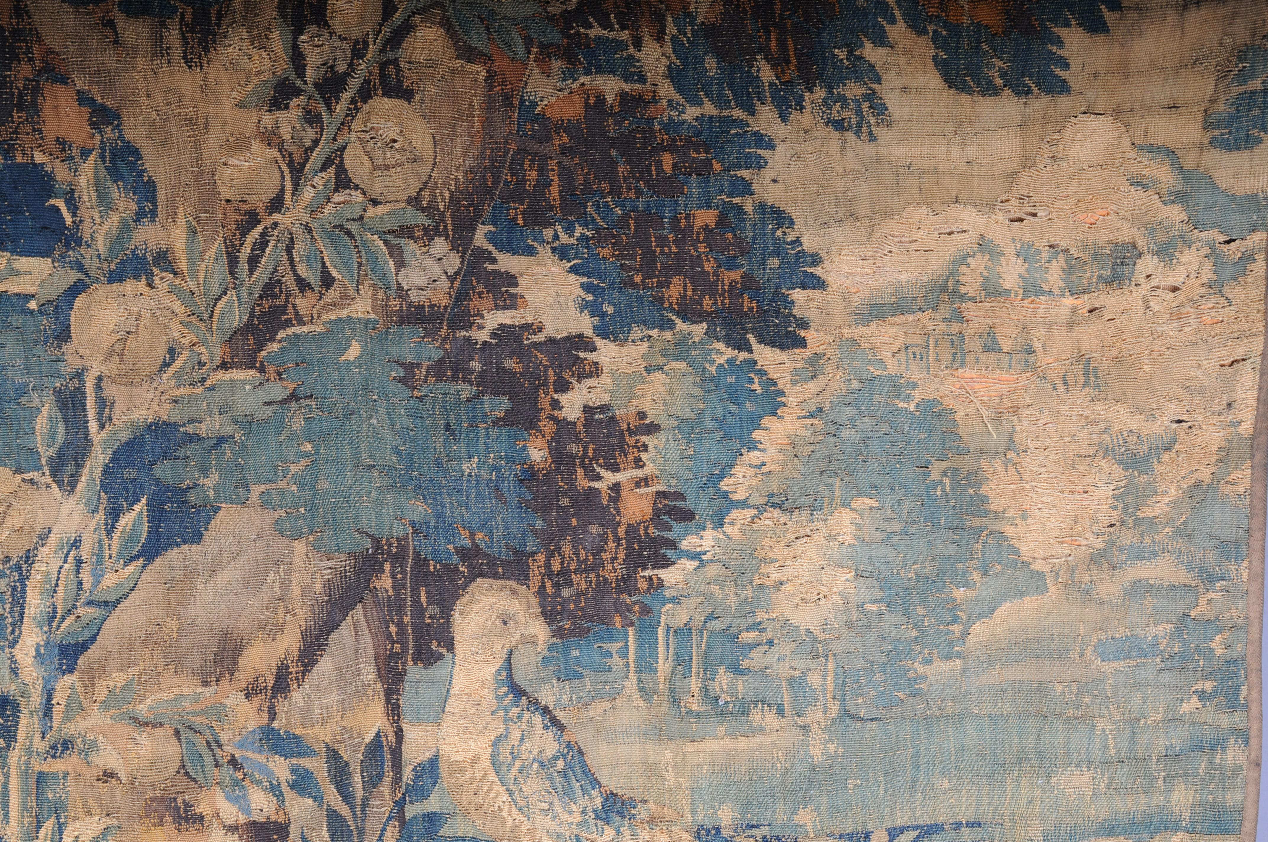 17th Century Antique Aubosson/Gobelein wall carpet, France 17th century. Verdure motif, silk For Sale