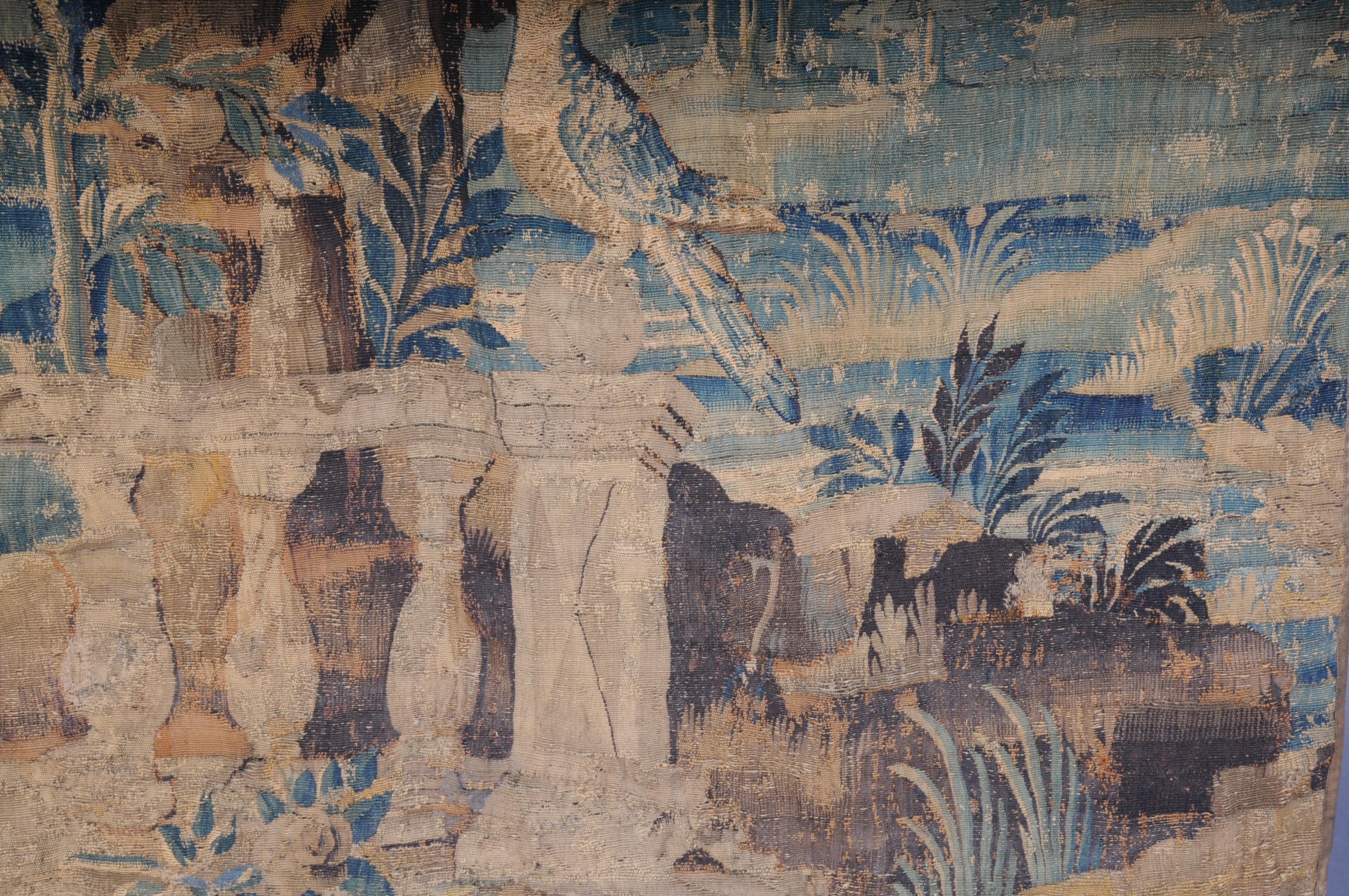 Wool Antique Aubosson/Gobelein wall carpet, France 17th century. Verdure motif, silk For Sale
