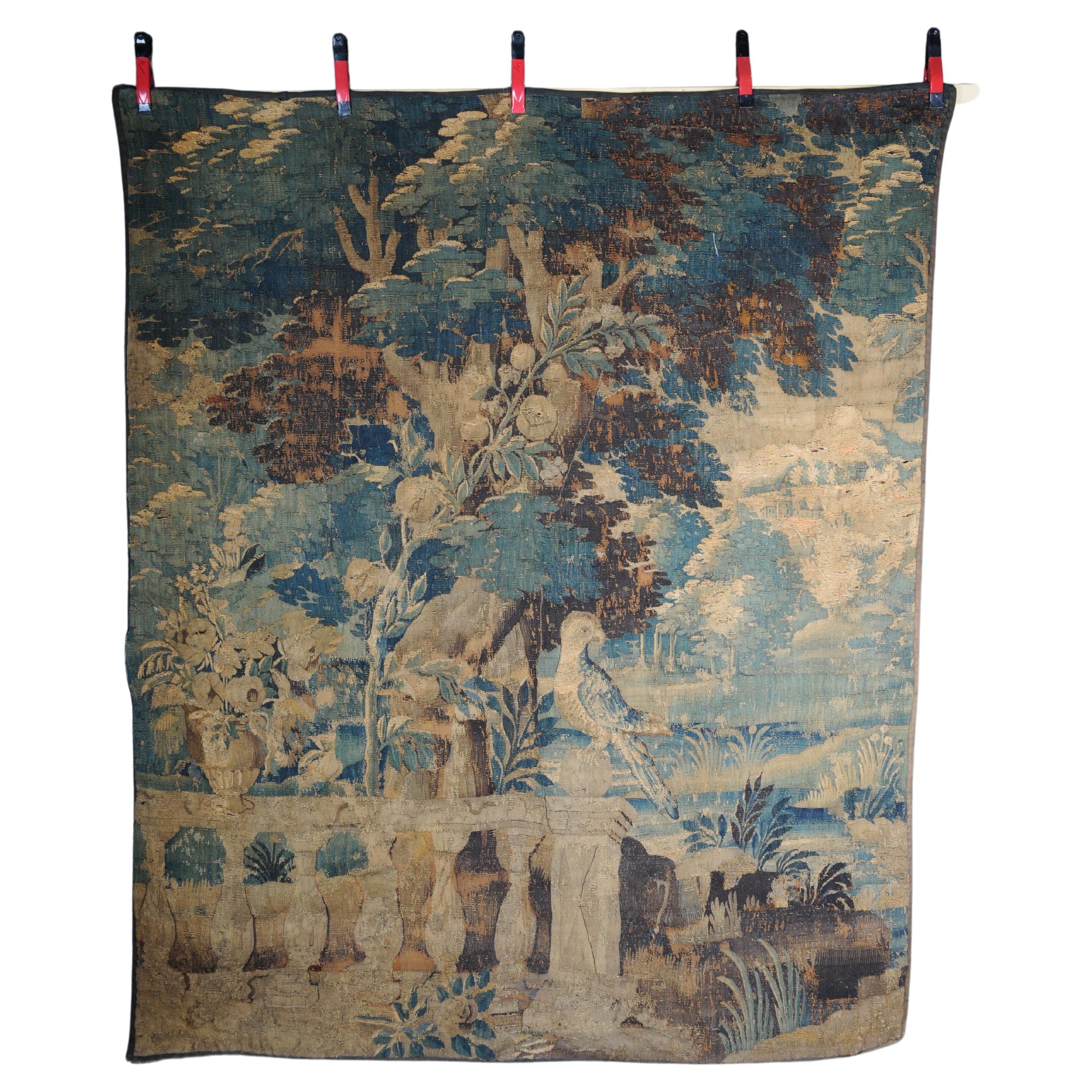 Antique Aubosson/Gobelein wall carpet, France 17th century. Verdure motif, silk For Sale