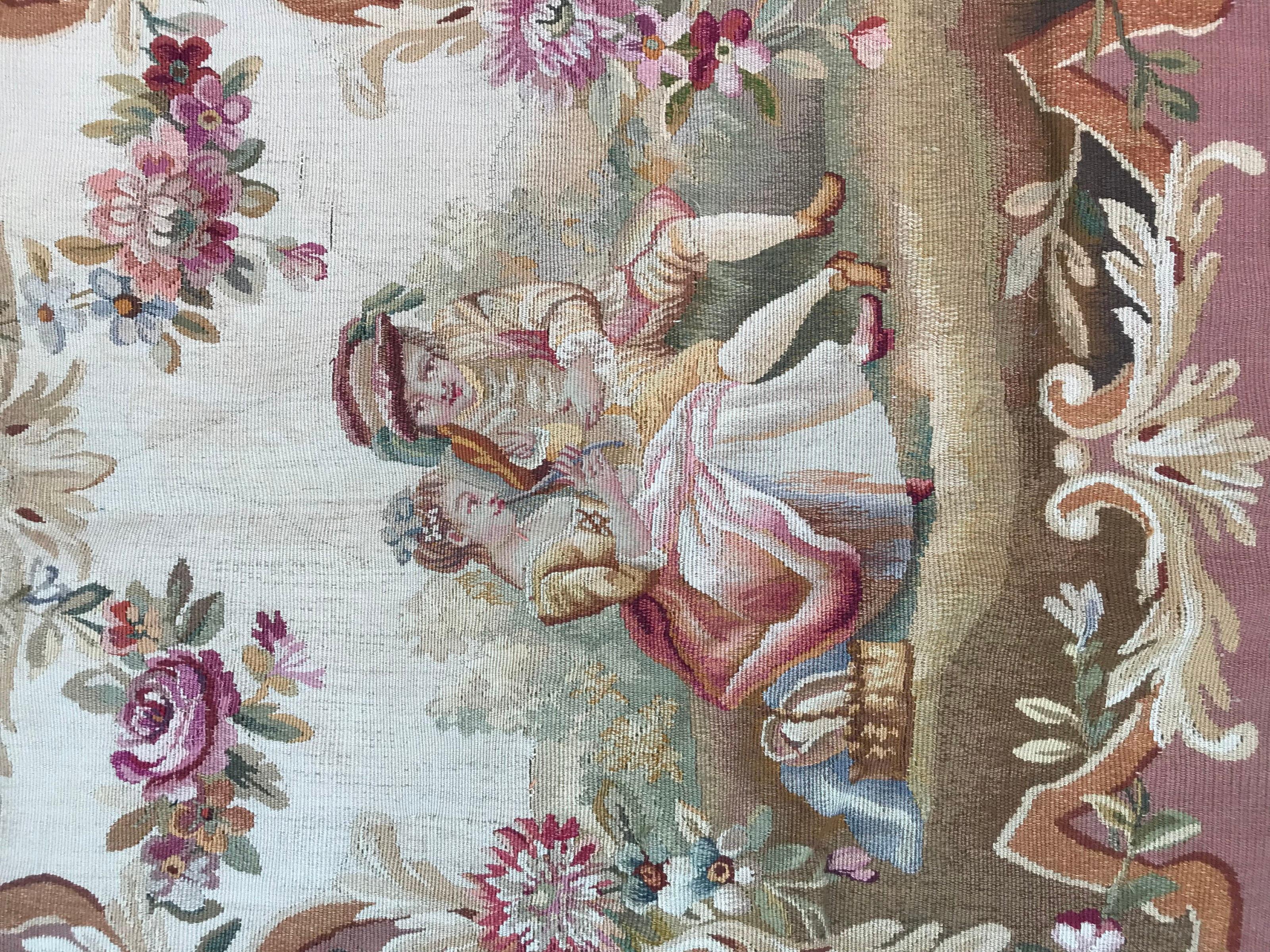 French Bobyrug’s Antique Aubusson Cushion Chair Cover Tapestry For Sale