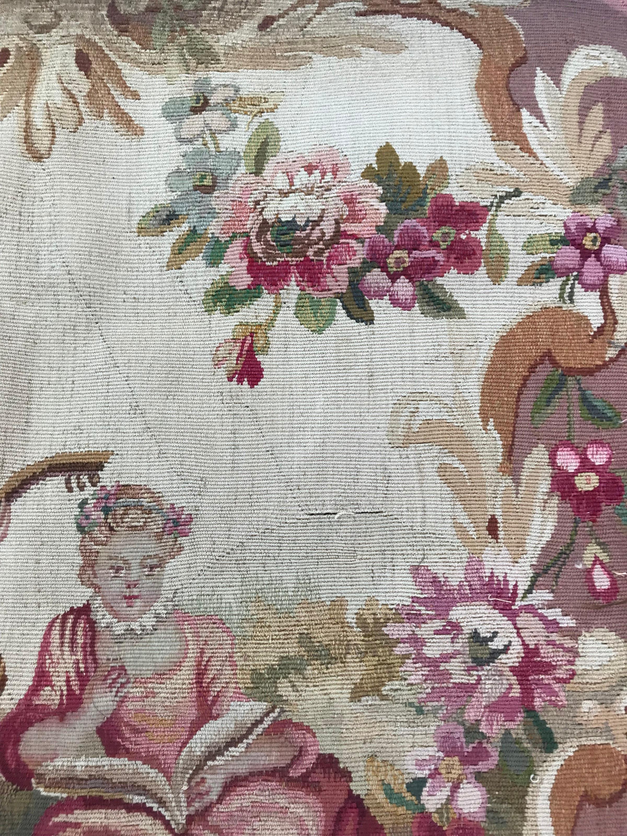 19th Century Antique Aubusson Cushion Chair Cover Tapestry For Sale