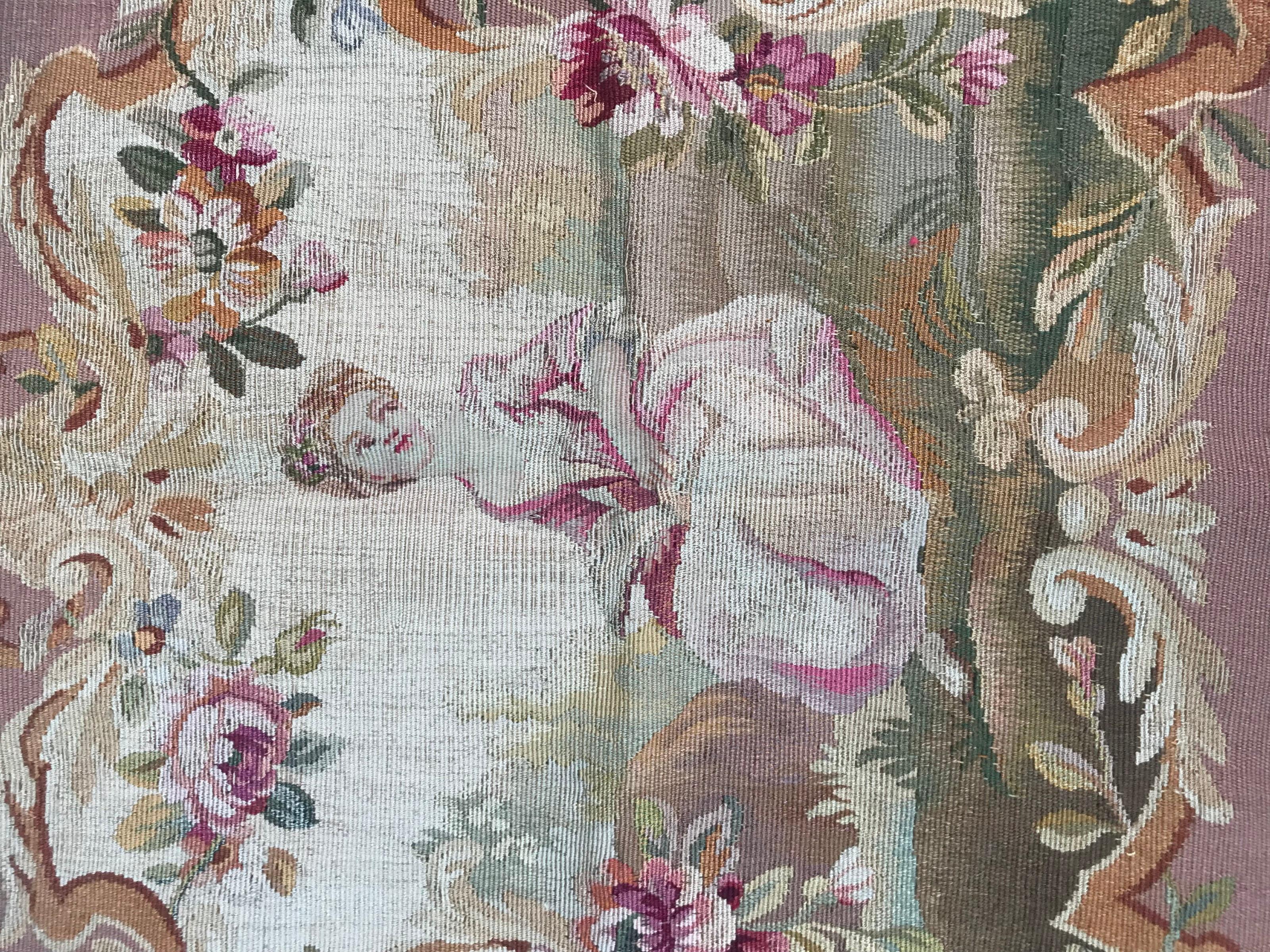 19th Century Bobyrug’s Antique Aubusson Cushion Chair Cover Tapestry For Sale